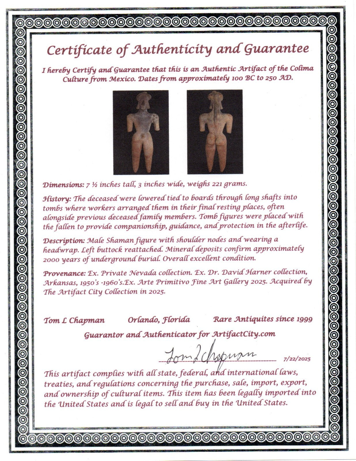 Pre Columbian Artifact 7 Inch Shaman Tomb Figure Colima Mexico 100 BC COA 238