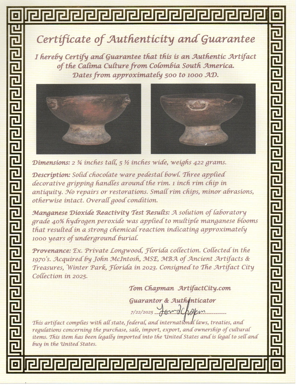 Pre Columbian Authentic Artifact Pedestal Bowl Calima Colombia 750 AD COA J63