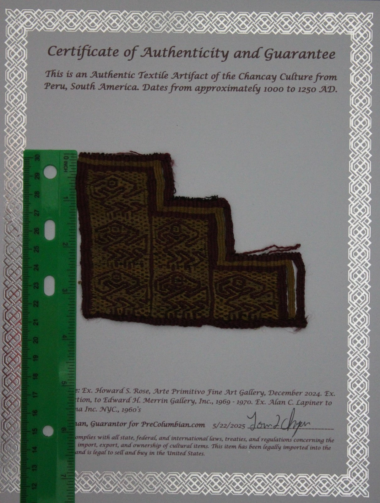 Pre Columbian Artifact Authentic Frameable Textile Border Chancay Peru COA 14