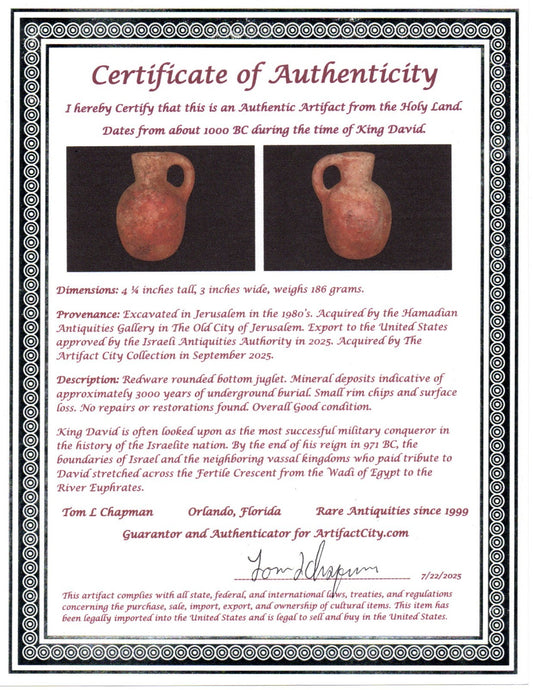 Ancient Holy Land Artifact King David Jug Land of Jesus Christ 1000 BC COA 12