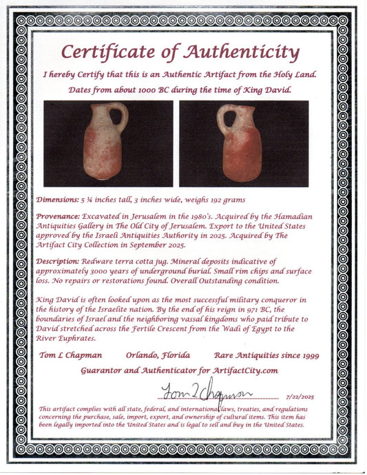 Ancient Holy Land Artifact King David Jug Land of Jesus Christ 1000 BC COA 20