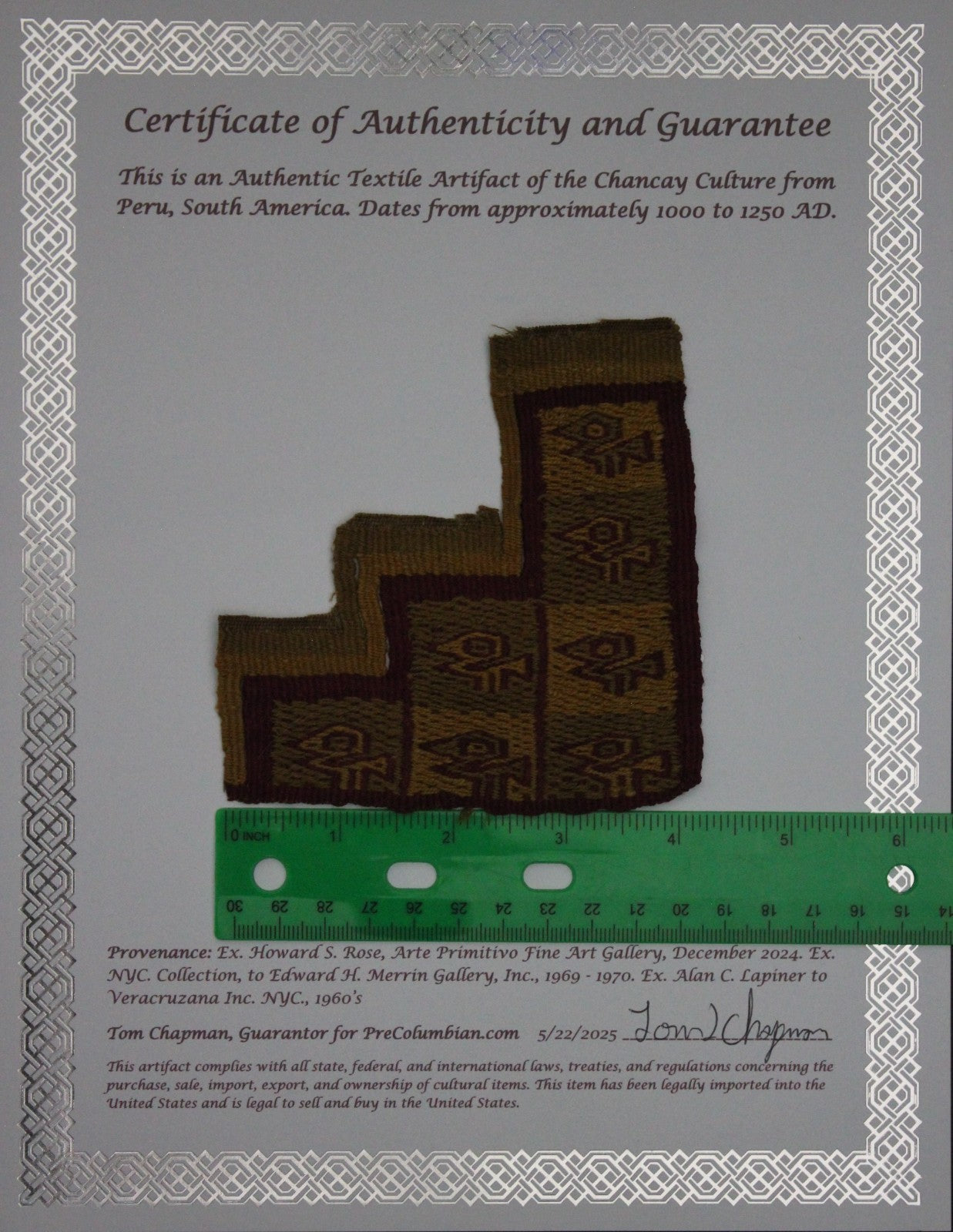 Pre Columbian Artifact Authentic Frameable Textile Border Chancay Peru COA 33