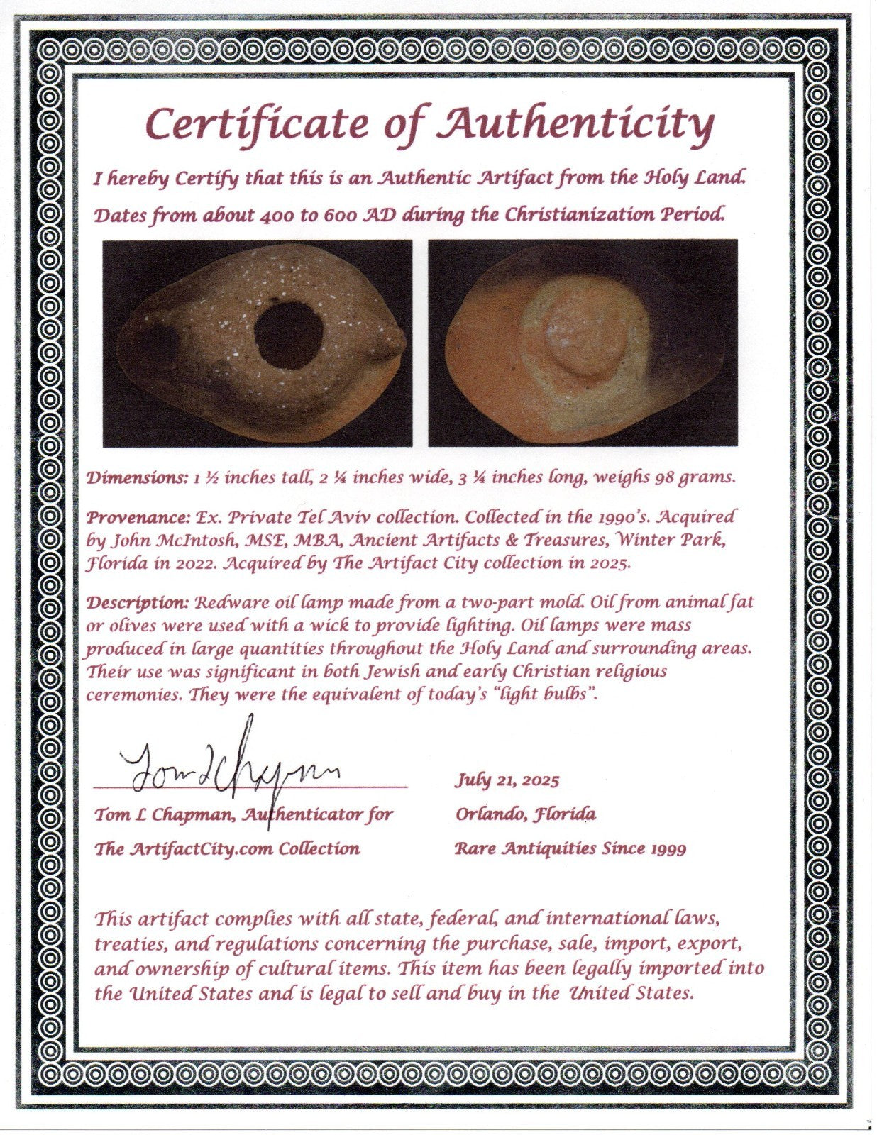 Ancient Holy Land Oil Lamp Artifact  From Jesus Christ Homeland 400-600AD COA 34