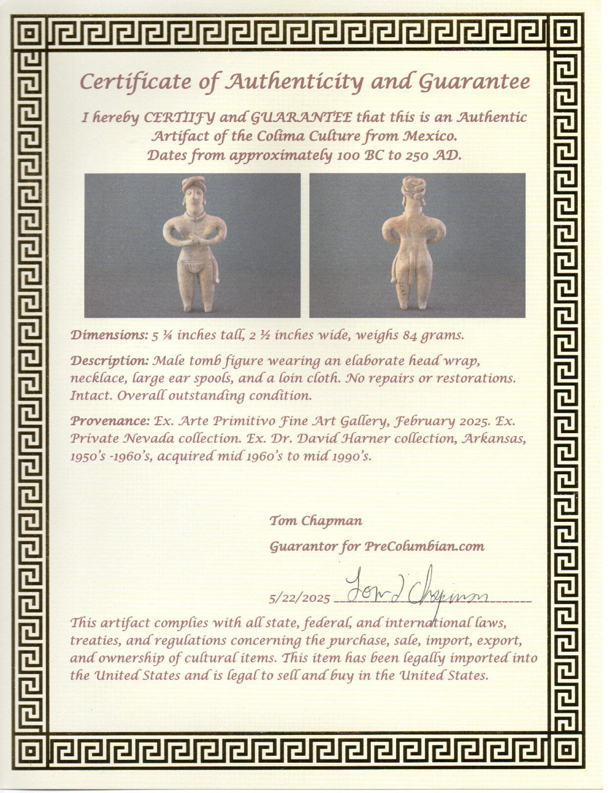 Pre Columbian Authentic Artifact Tomb Figure Colima Mexico 100 BC-250 AD COA 170