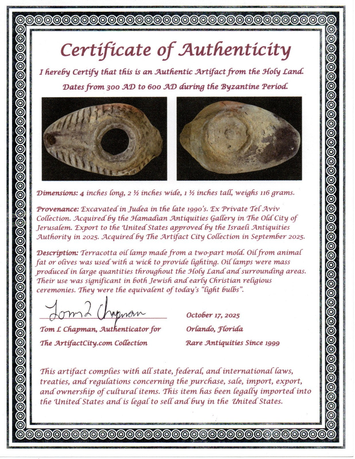 Oil Lamp Holy Land Ancient Artifact Jesus Christ Home Israel 300-600 AD COA 122