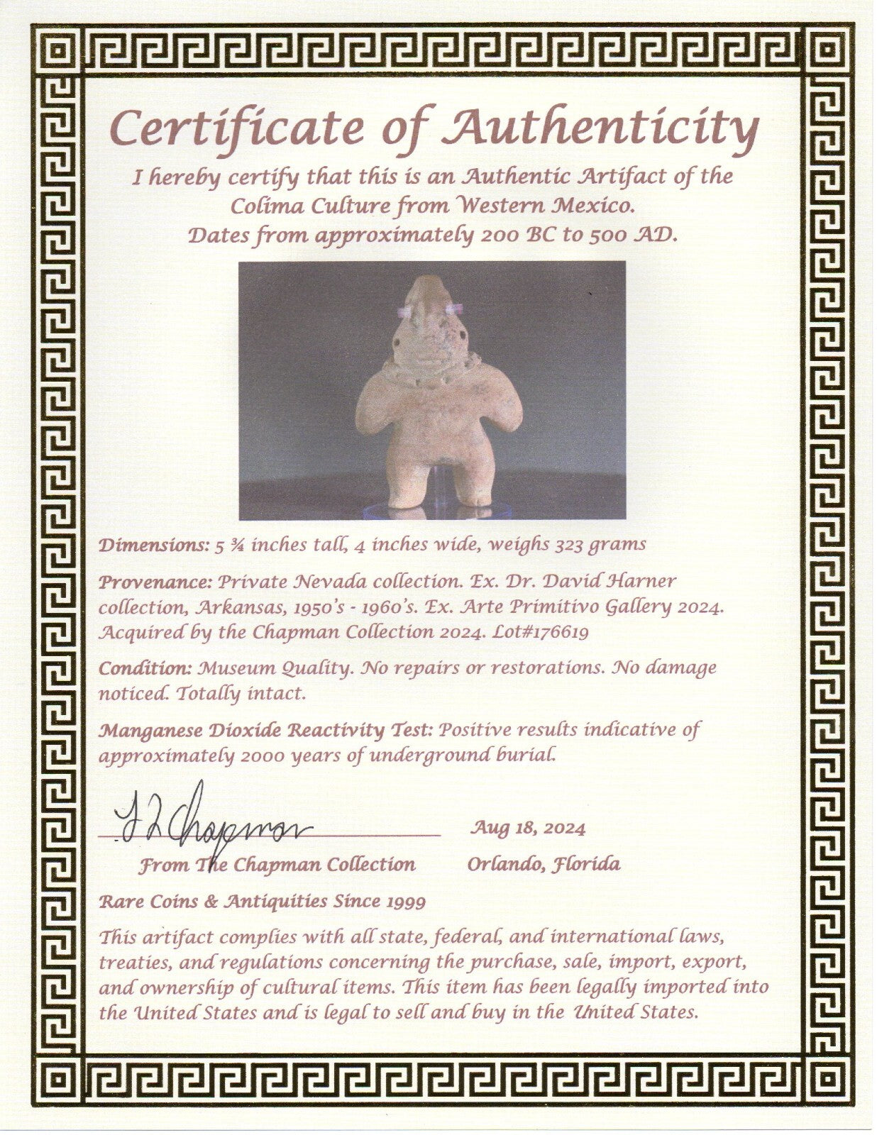 Authentic Pre Columbian Artifact Tomb Figure Colima Ex Arte Primitivo COA T86