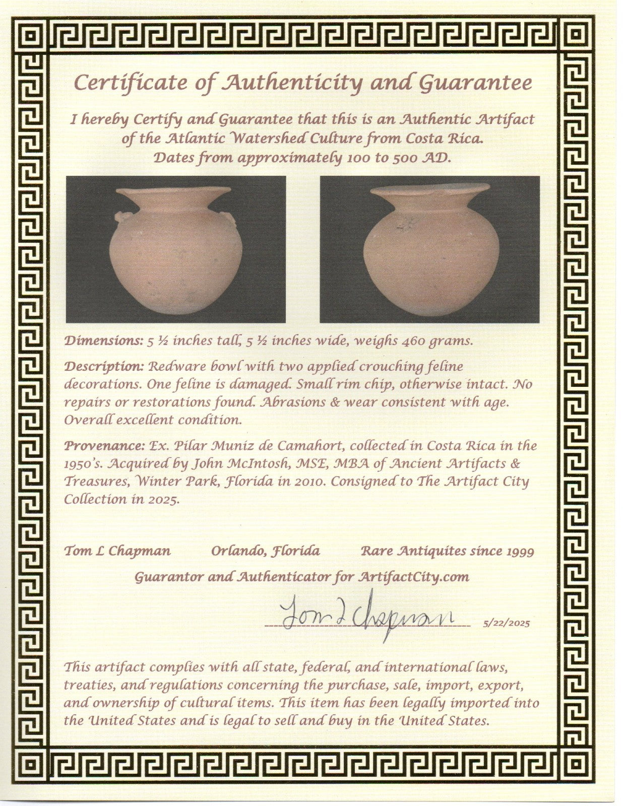 Pre Columbian Artifact Authentic Olla Atlantic Watershed Costa Rica COA J89