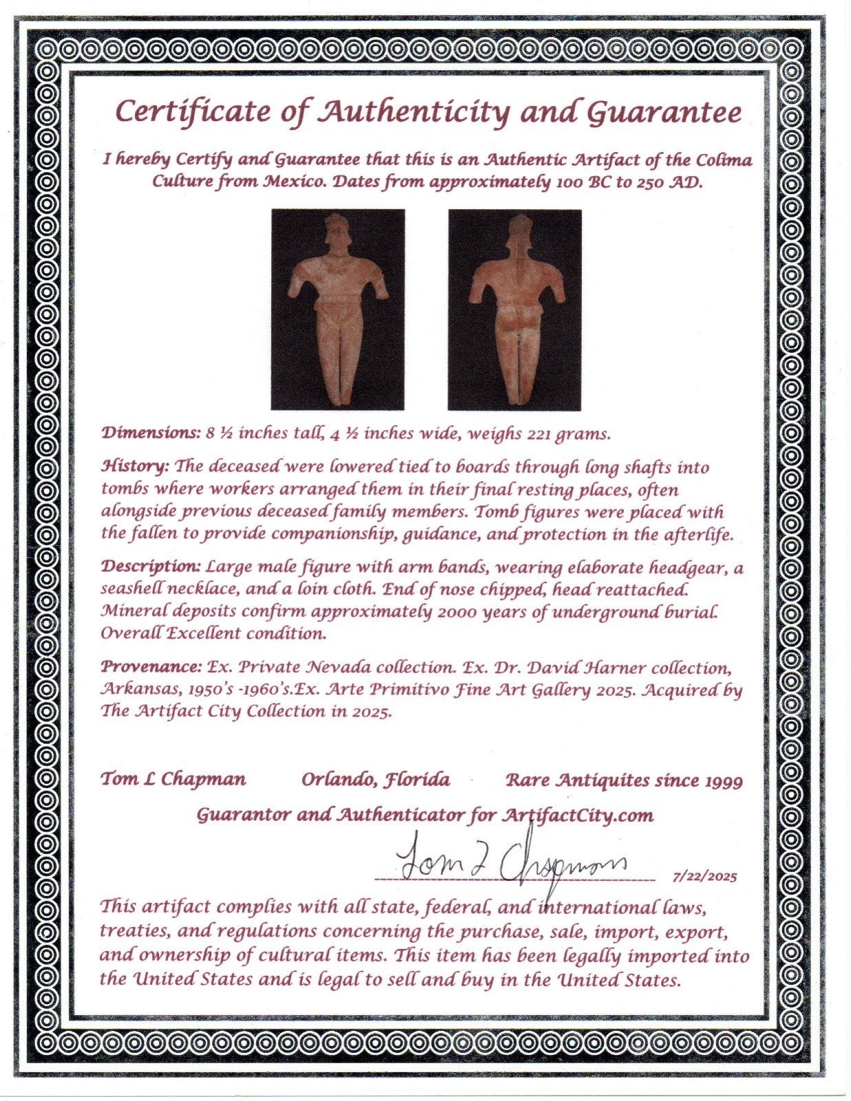 Pre Columbian Artifact Big 8 Inch Shaft Tomb Figure Colima Mexico 100 BC COA 243