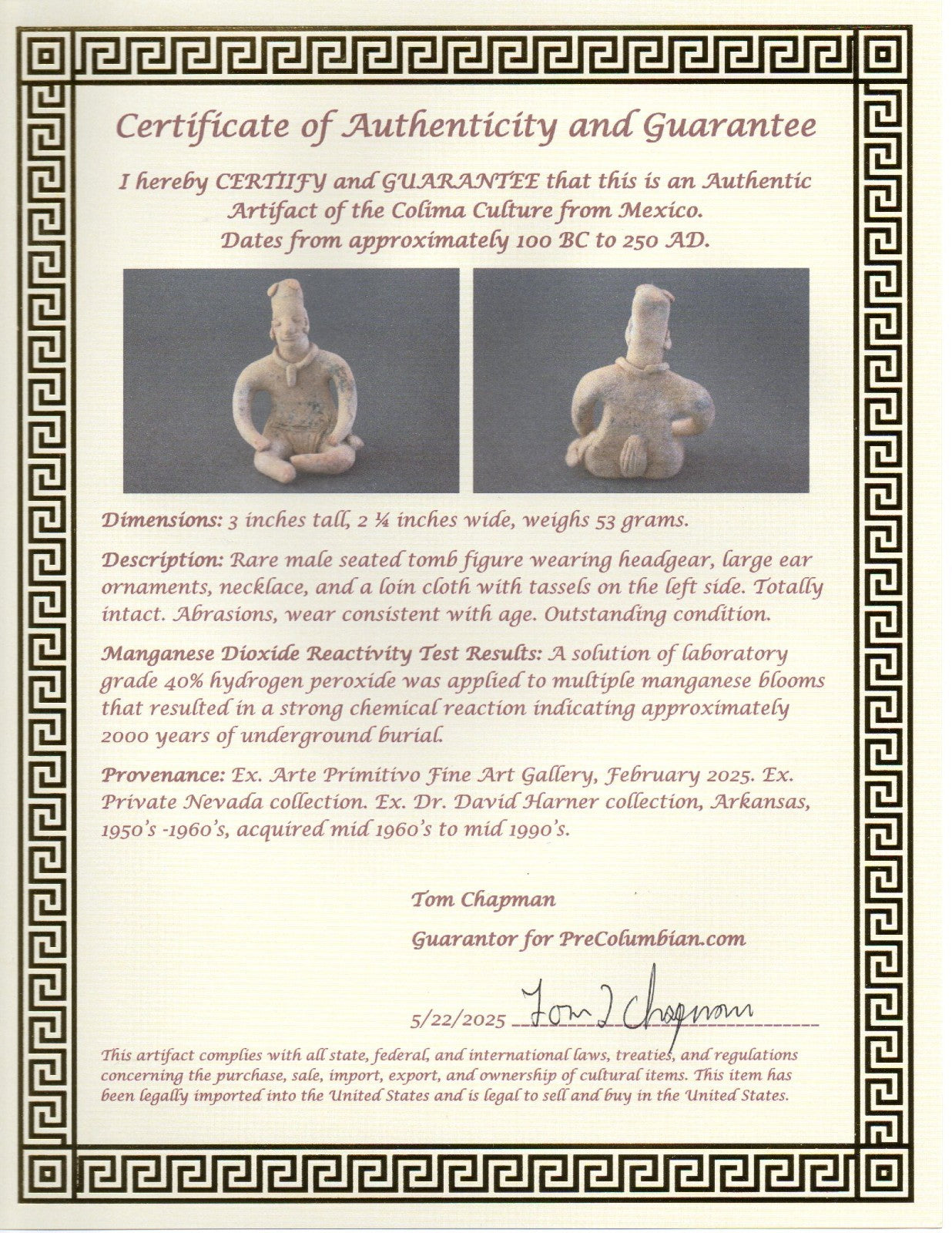 Pre Columbian Artifact Authentic Male Seated Tomb Figure Colima Mexico COA 191