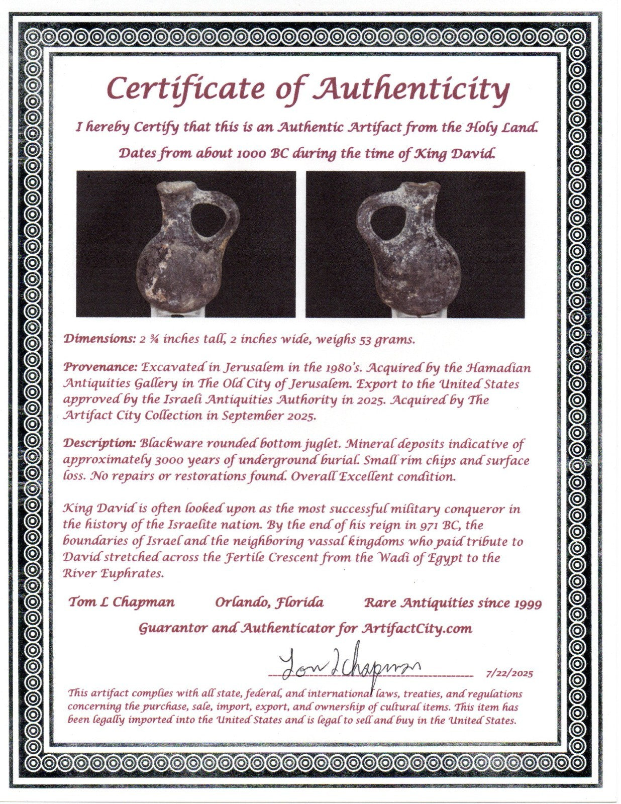 Ancient Holy Land Artifact King David Mini Jugglet Christ Home Land 1000BC COA 4