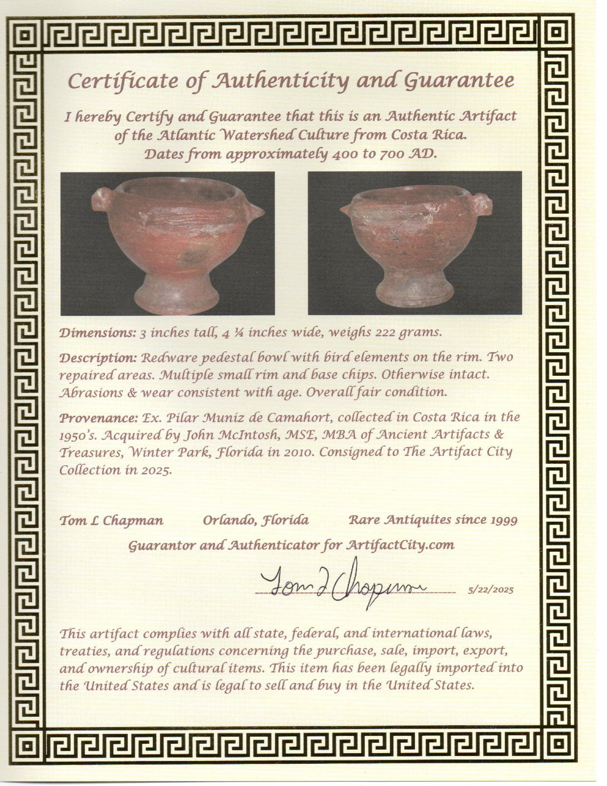 Pre Columbian Artifact Authentic Pedestal Bowl Watershed Costa Rica COA J97