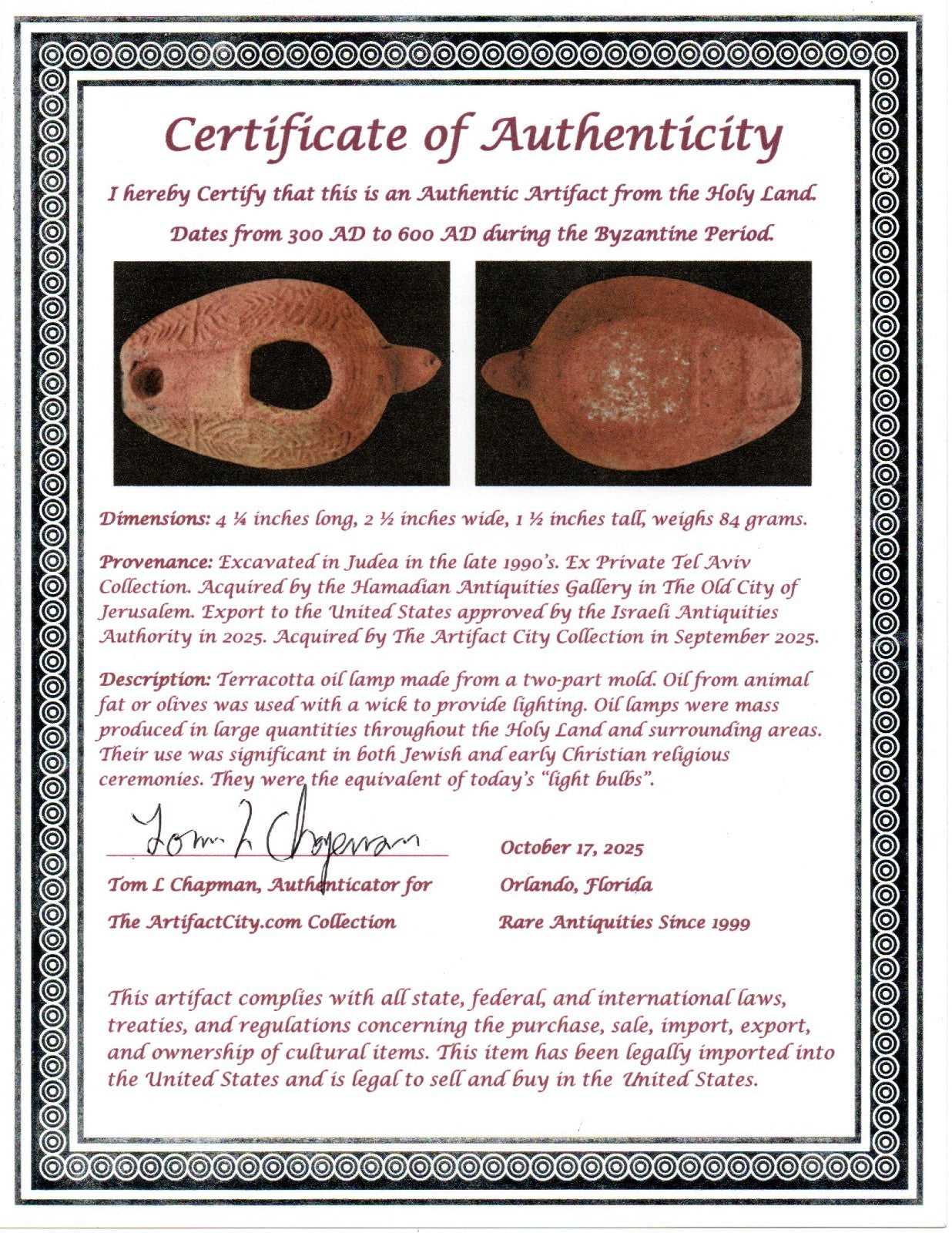 Oil Lamp Holy Land Ancient Artifact Jesus Christ Home Israel 300-600 AD COA 130