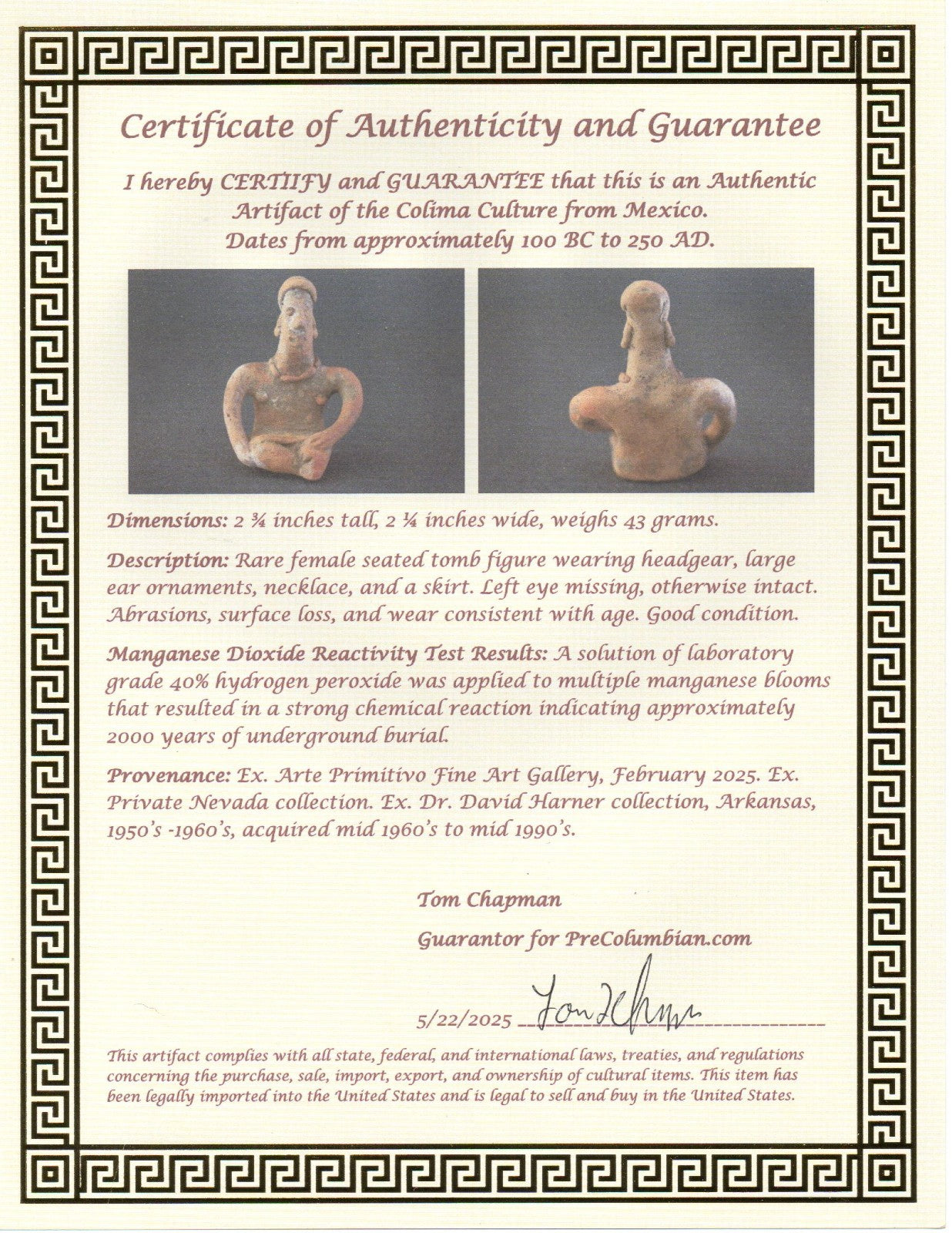 Pre Columbian Authentic Artifact Female Seated Tomb Figure Colima Mexico COA 190