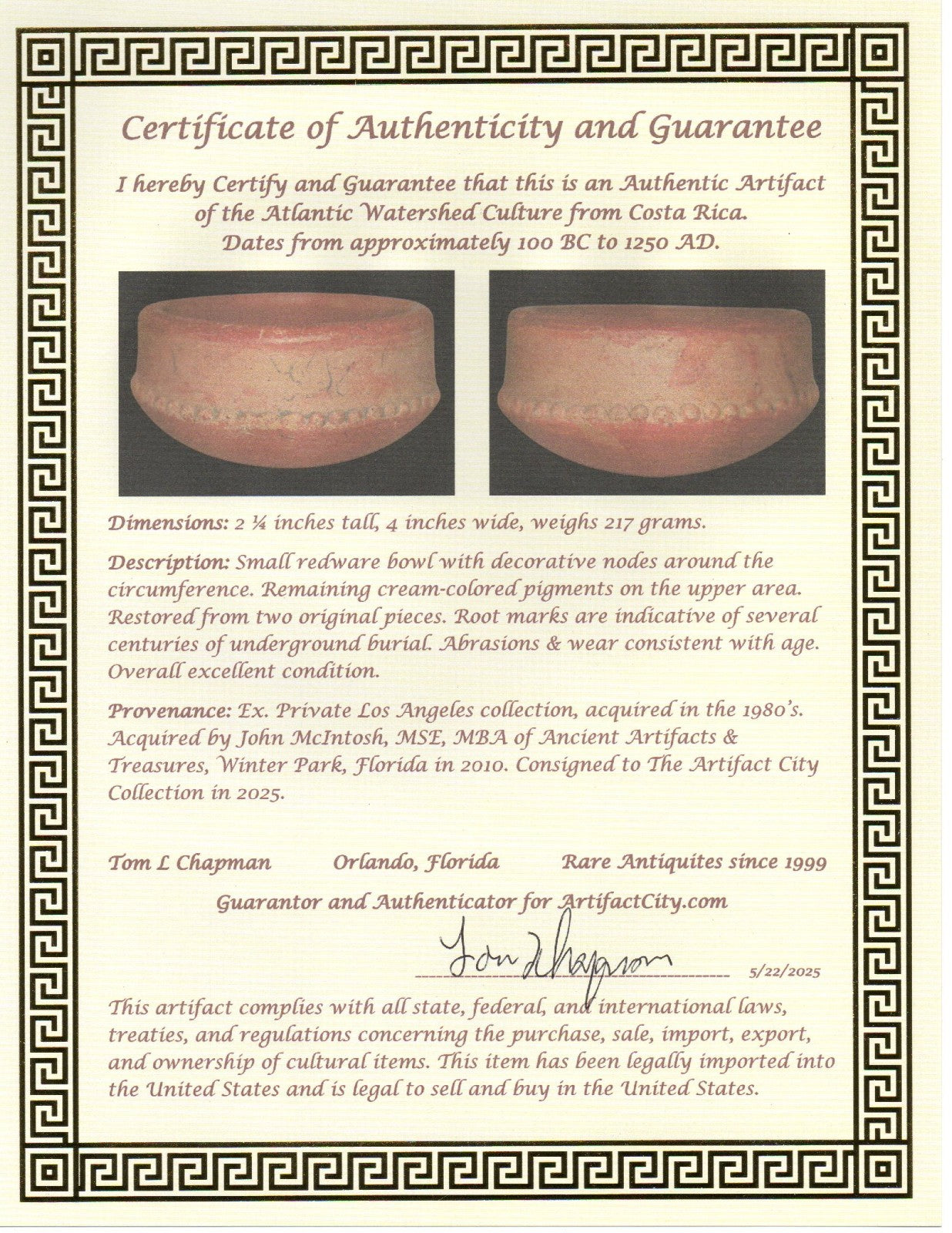 Pre Columbian Real Authentic Artifact Bowl Atlantic Watershed Costa Rica COA J18