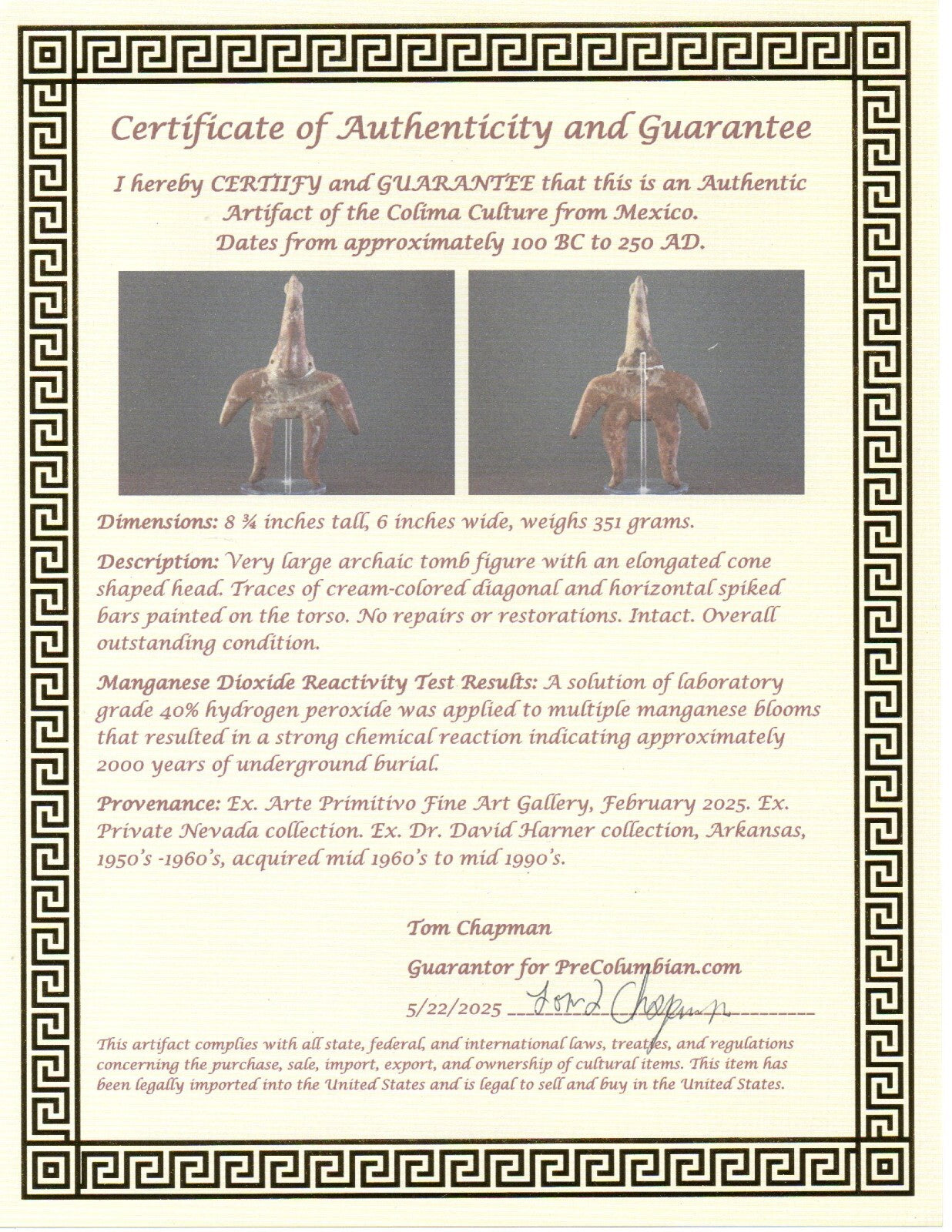 Pre Columbian Authentic Artifact Tomb Figure Colima Mexico 100 BC-250 AD COA 168