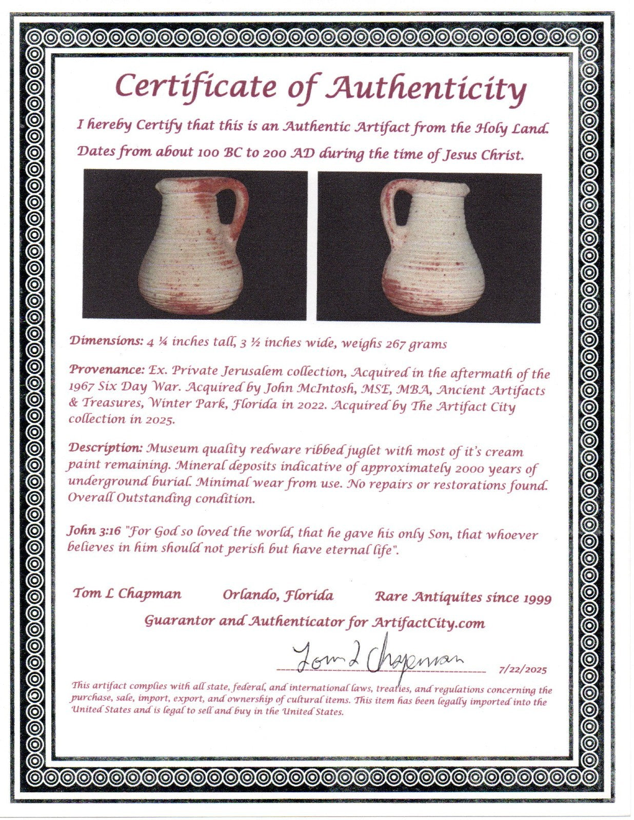 Ancient Holy Land Jugglet Artifact Time of Jesus Christ 100BC-200AD COA J137