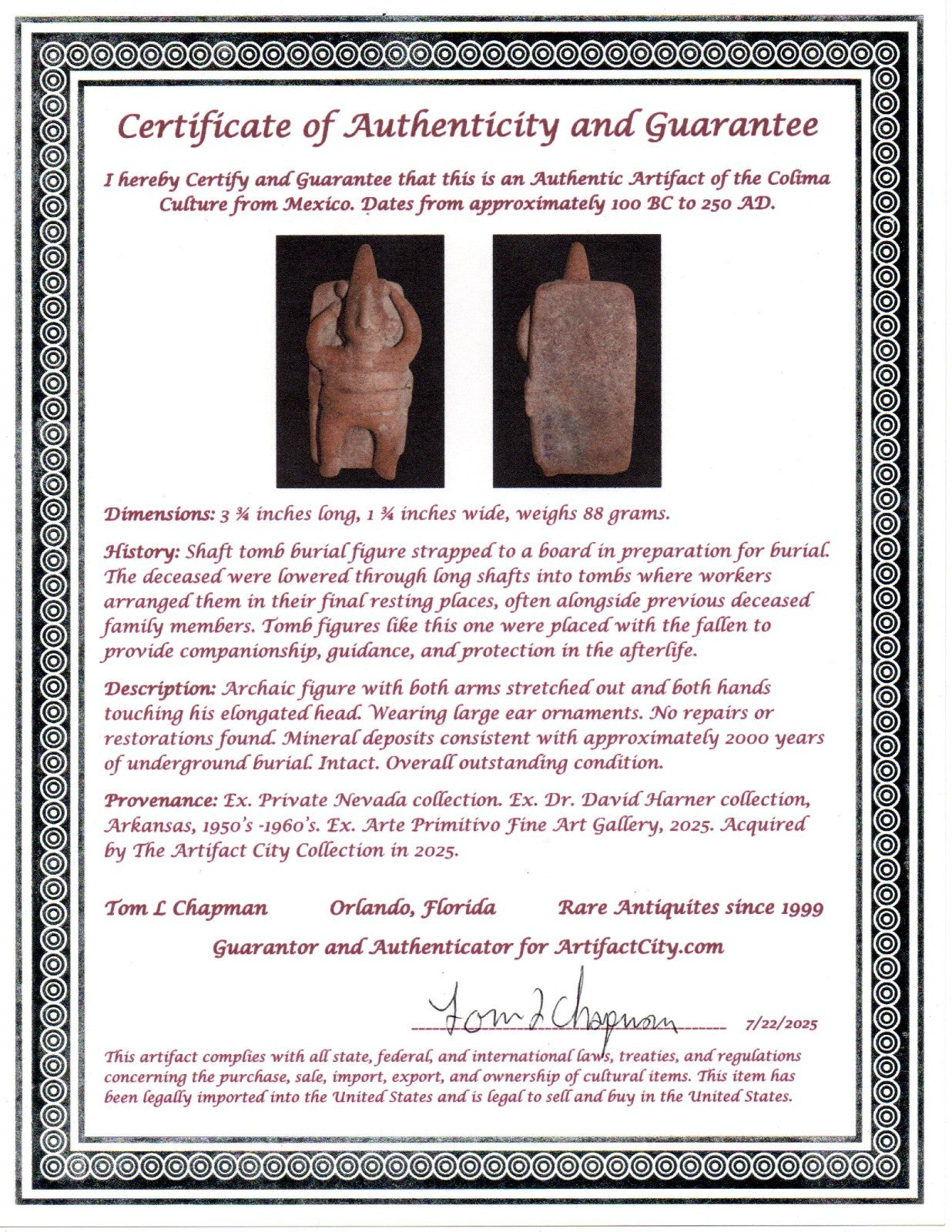 Pre Columbian Artifact Archaic Tomb Burial Figure Colima Mexico 100 BC COA 224