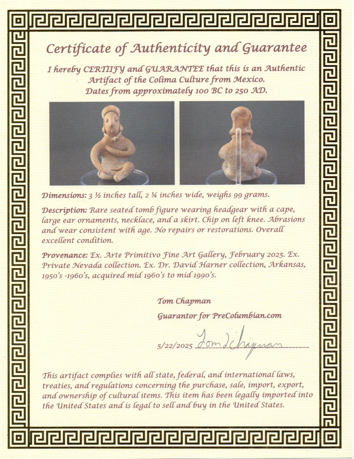 Pre Columbian Authentic Artifact Rare Seated Tomb Figure Colima Mexico COA 187