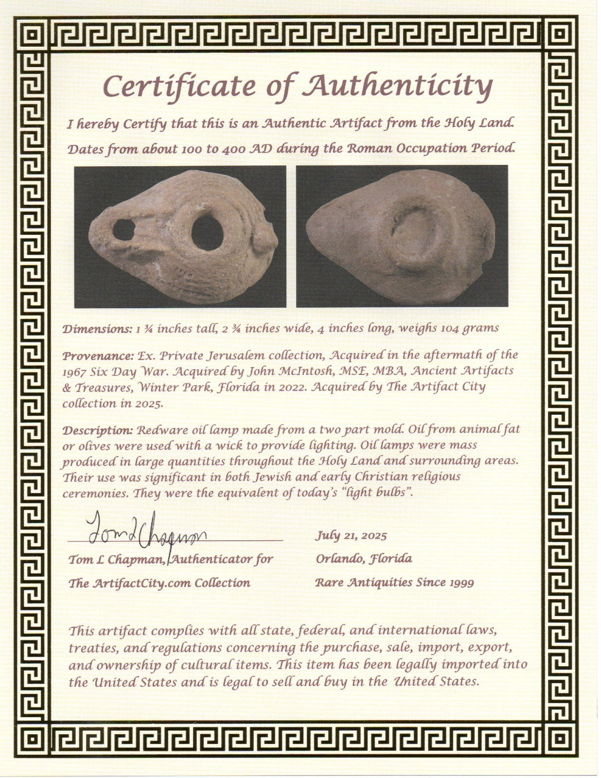 Holy Land Oil Lamp Ancient Artifact Jesus Christ Homeland - 400 AD COA L10