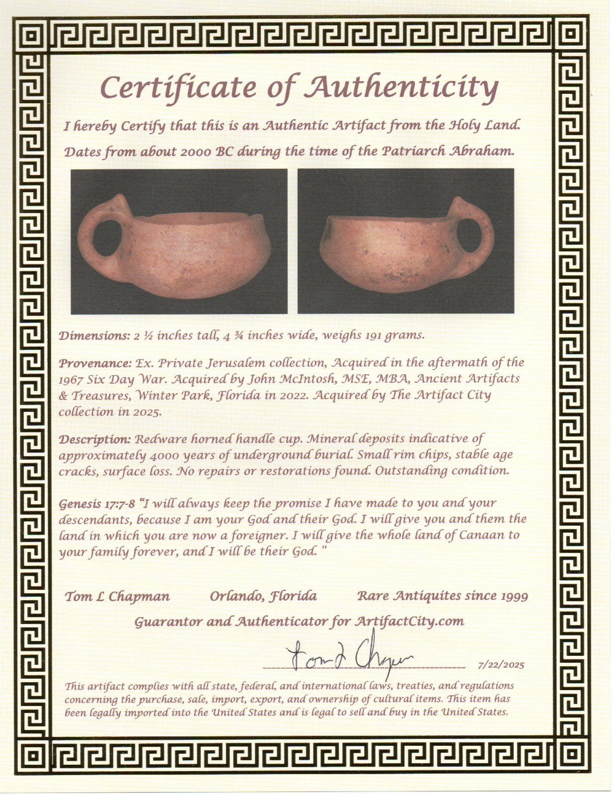 Ancient Holy Land Artifact 4000 Year Old Cup Time of Abraham 2000 BC COA J116