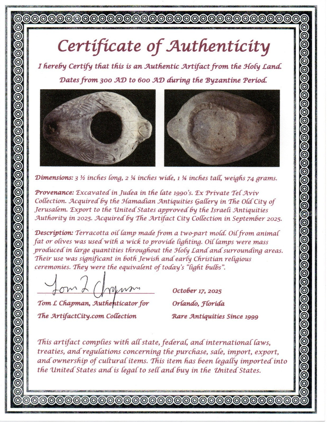 Oil Lamp Holy Land Ancient Artifact Jesus Christ Home Israel 300-600 AD COA 98