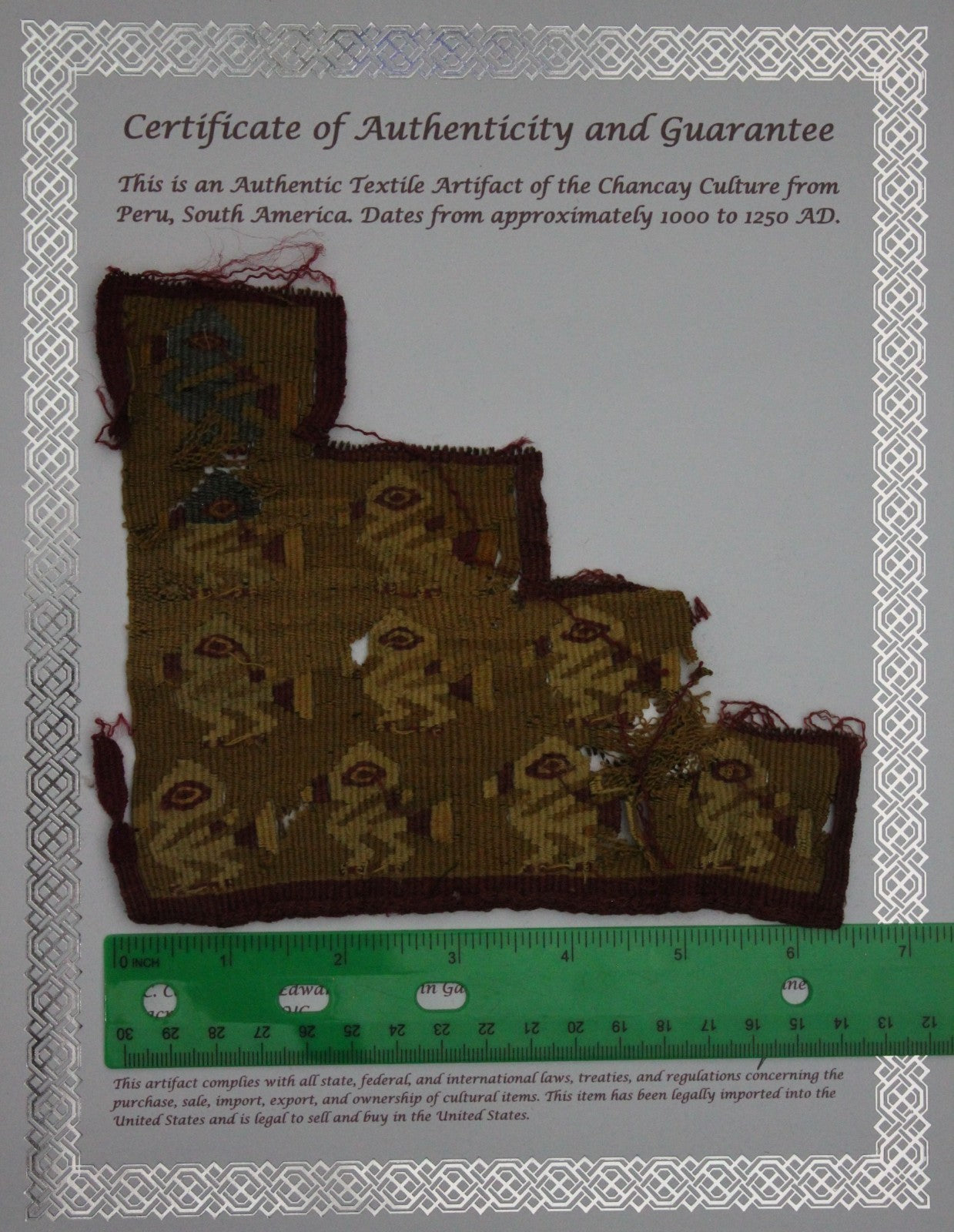 Pre Columbian Authentic Artifact Frameable Textile Border Chancay Peru COA 34
