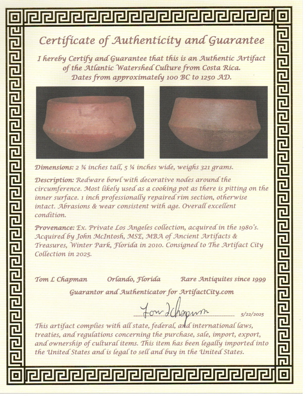 Pre Columbian Real Authentic Artifact Bowl Atlantic Watershed Costa Rica COA J82