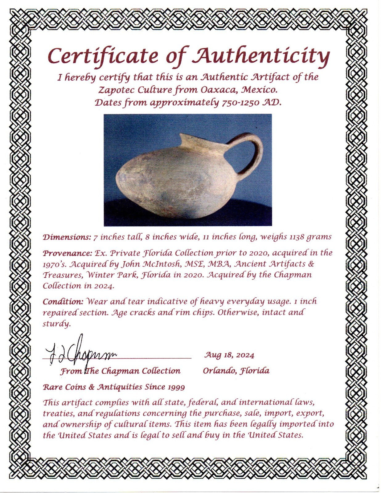 Pre Columbian Authentic Artifact Shoe Jar Zapotec Mexico 750-1250 AD COA J47