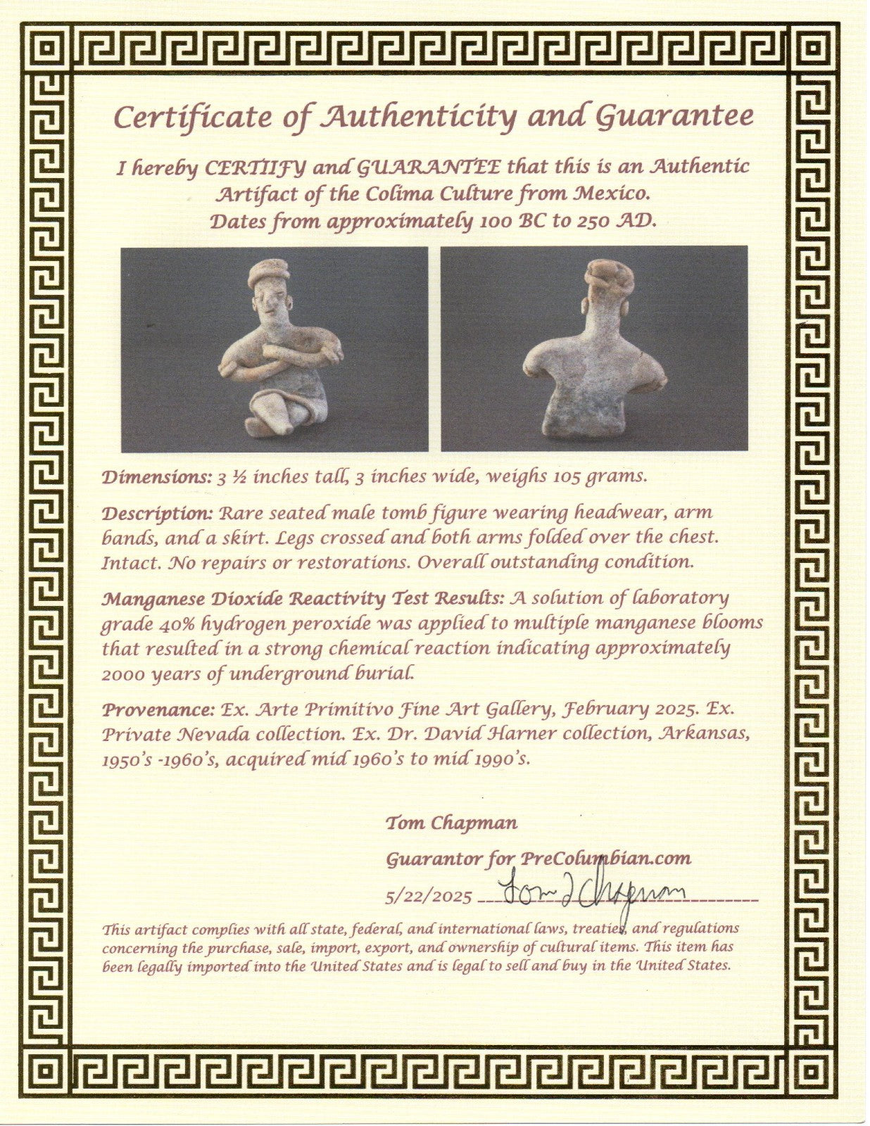 Pre Columbian Artifact Authentic Rare Seated Tomb Figure Colima Mexico COA 188