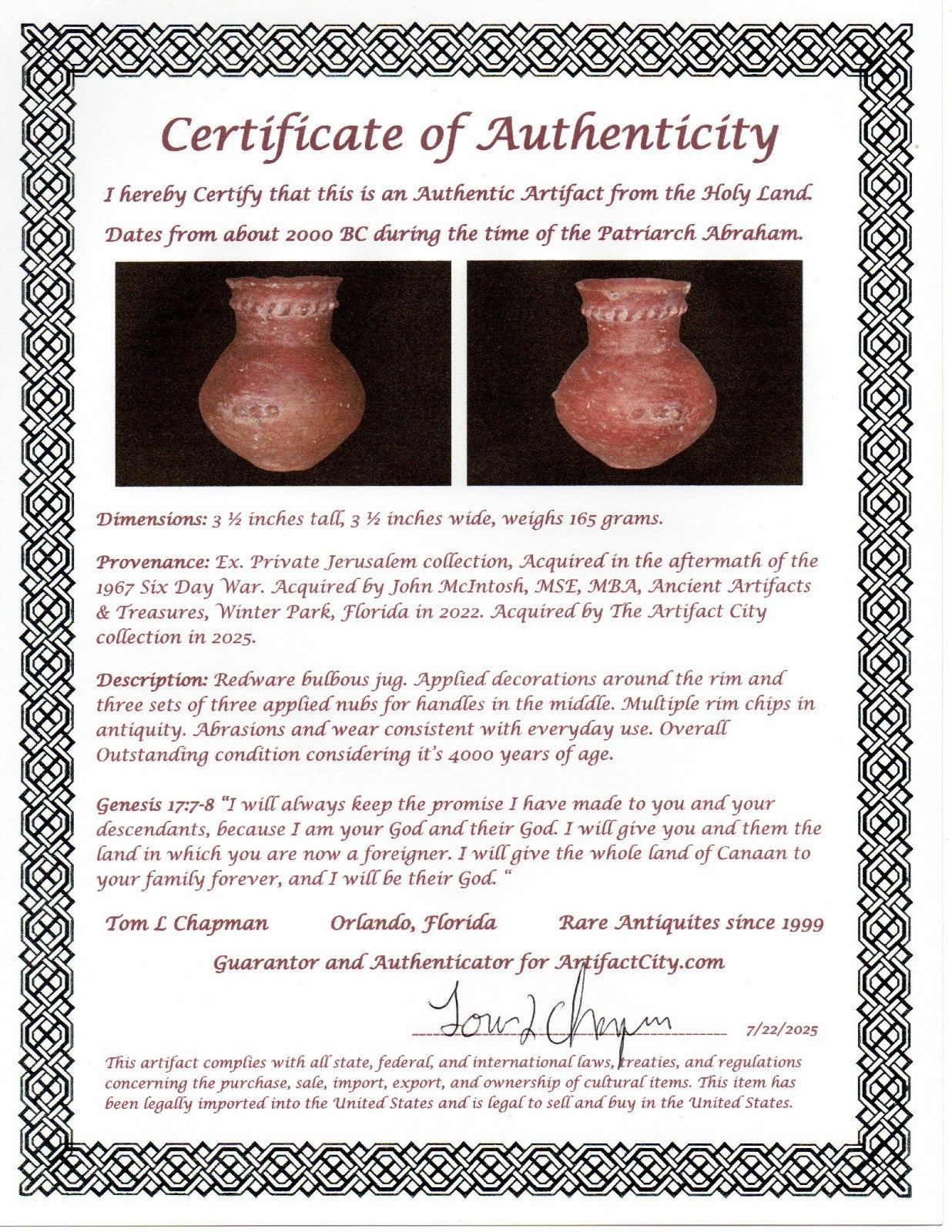 Time of Abraham Holy Land Artifact Ancient 4000 Year Old Jug 2000 BC COA J131