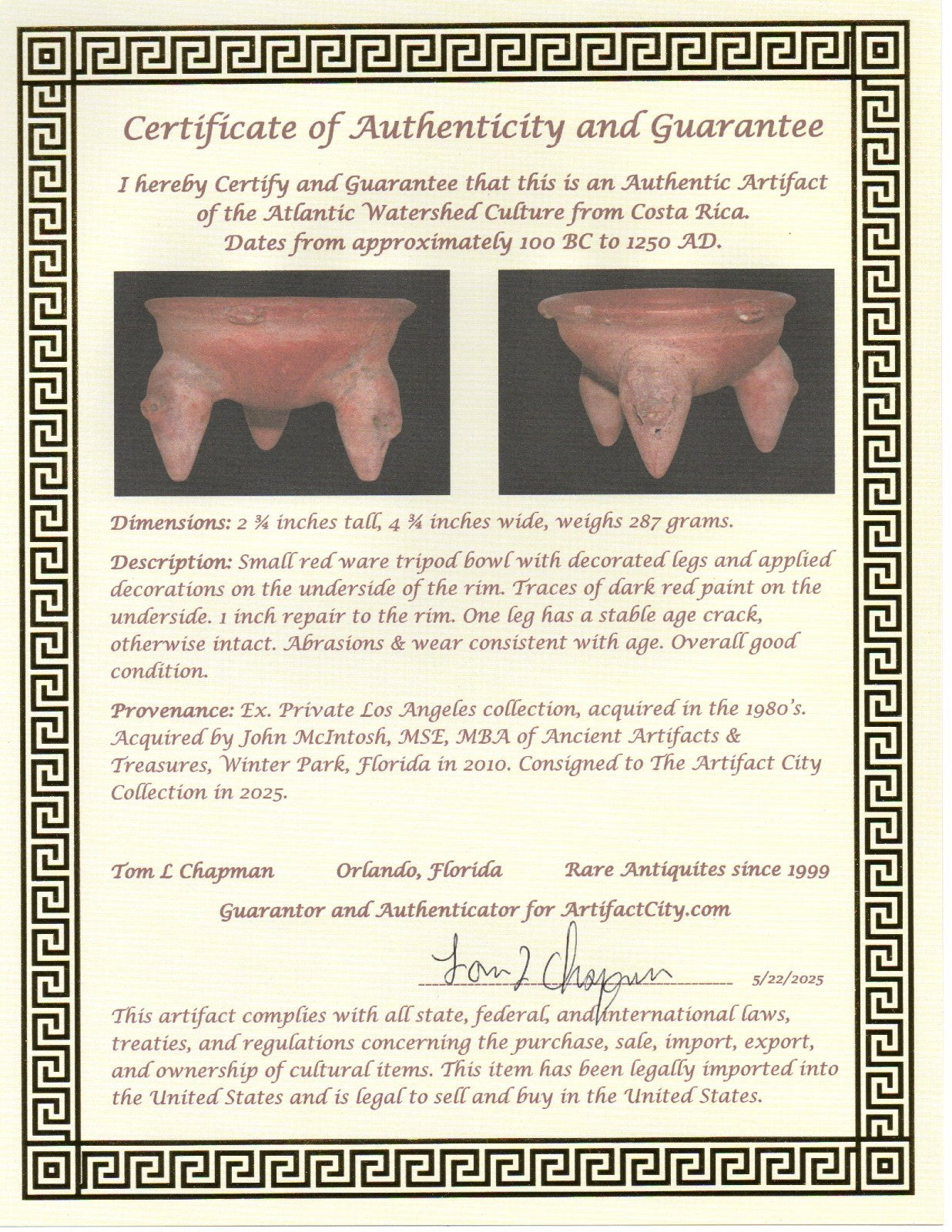 Pre Columbian Authentic Artifact Tripod Bowl Watershed Area Costa Rica COA J86