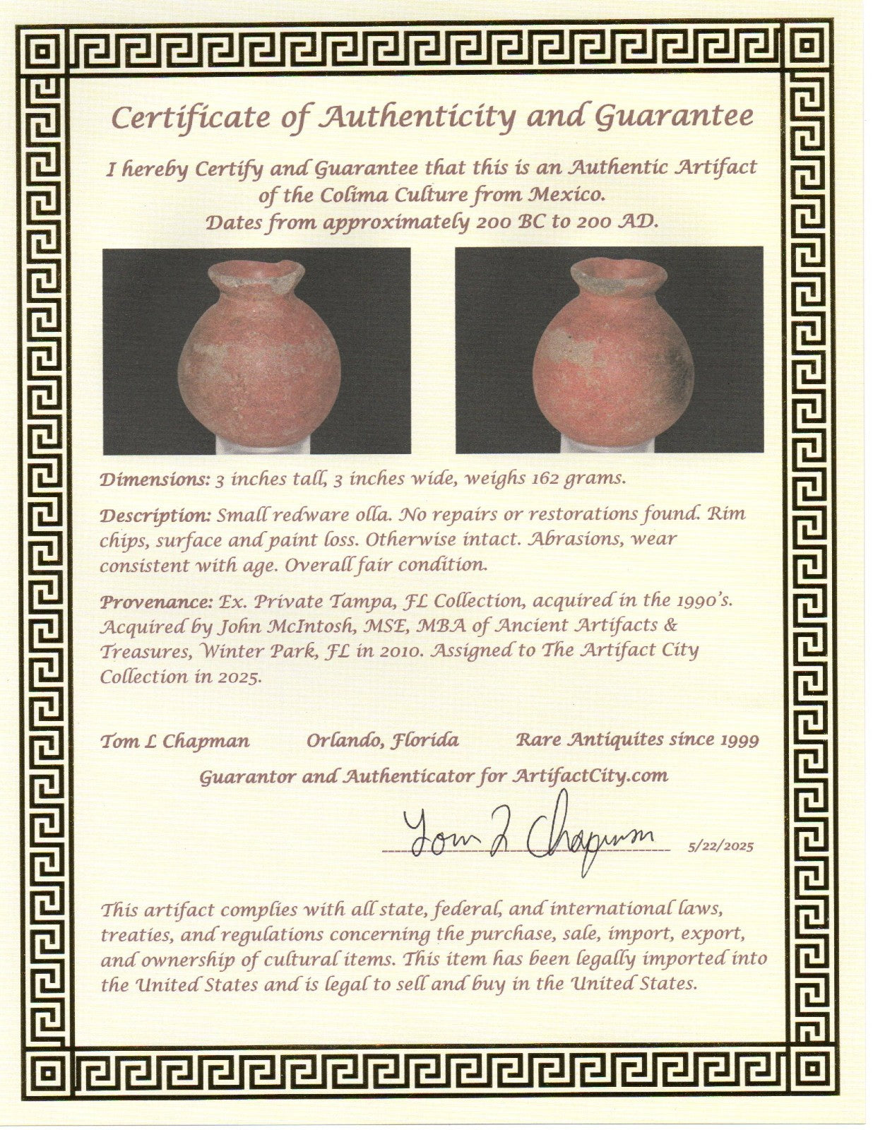 Pre Columbian Artifact Authentic Small Olla Colima Mexico 200 BC-200 AD COA J102