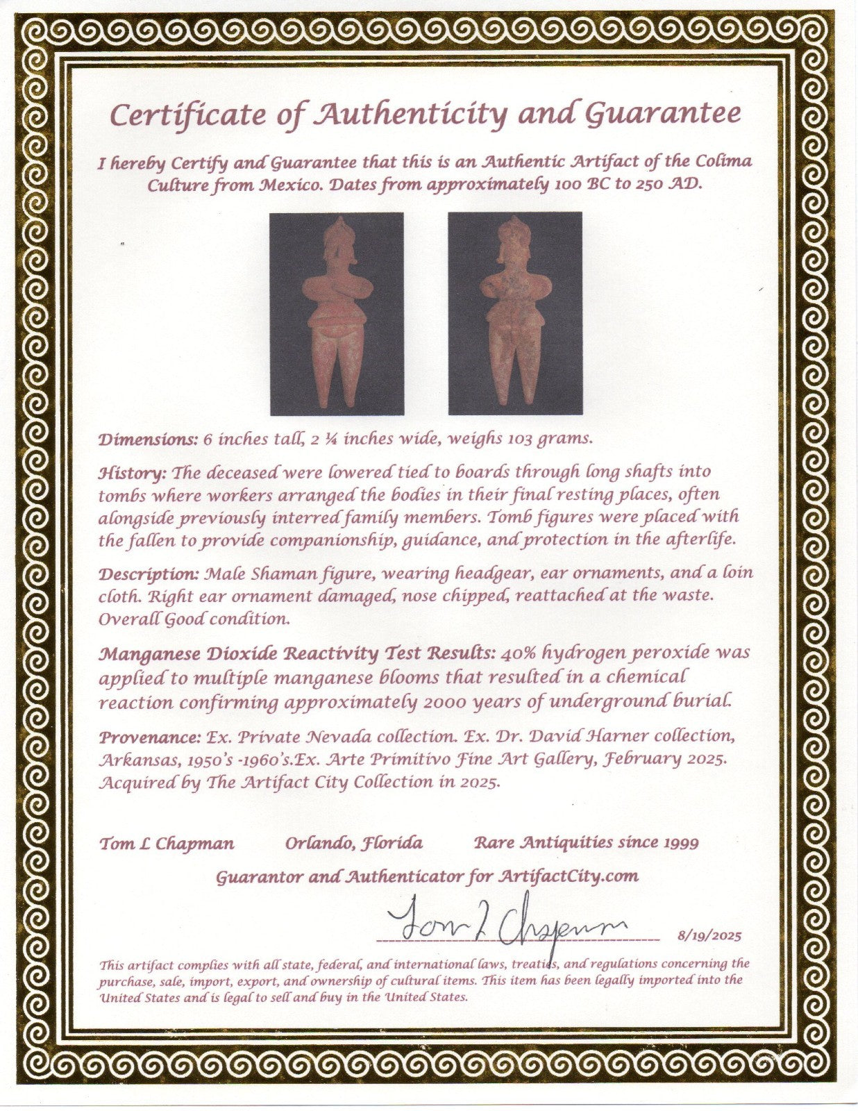 Pre Columbian Artifact 6 in Male Shaman Tomb Figure Colima Mexico 100BC COA 267