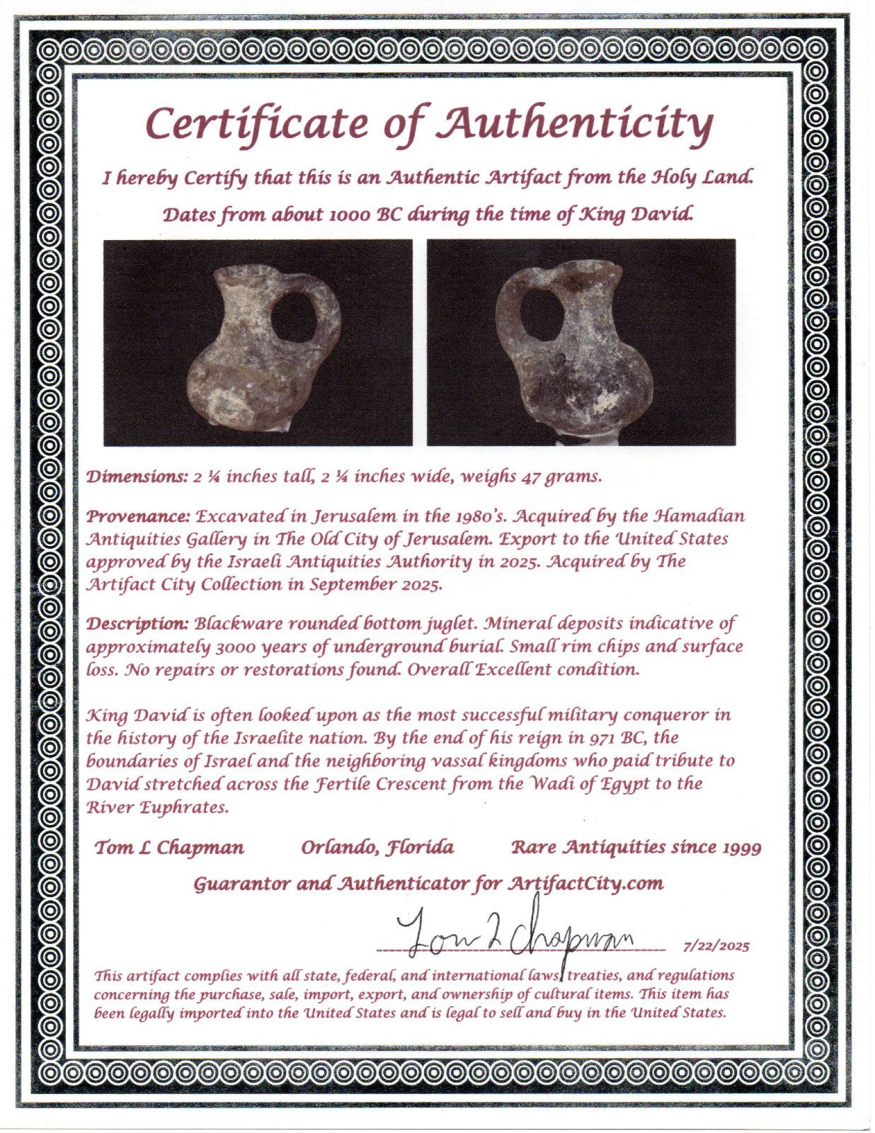 Ancient Holy Land Artifact King David Mini Jugglet Christ Home Land 1000BC COA 2