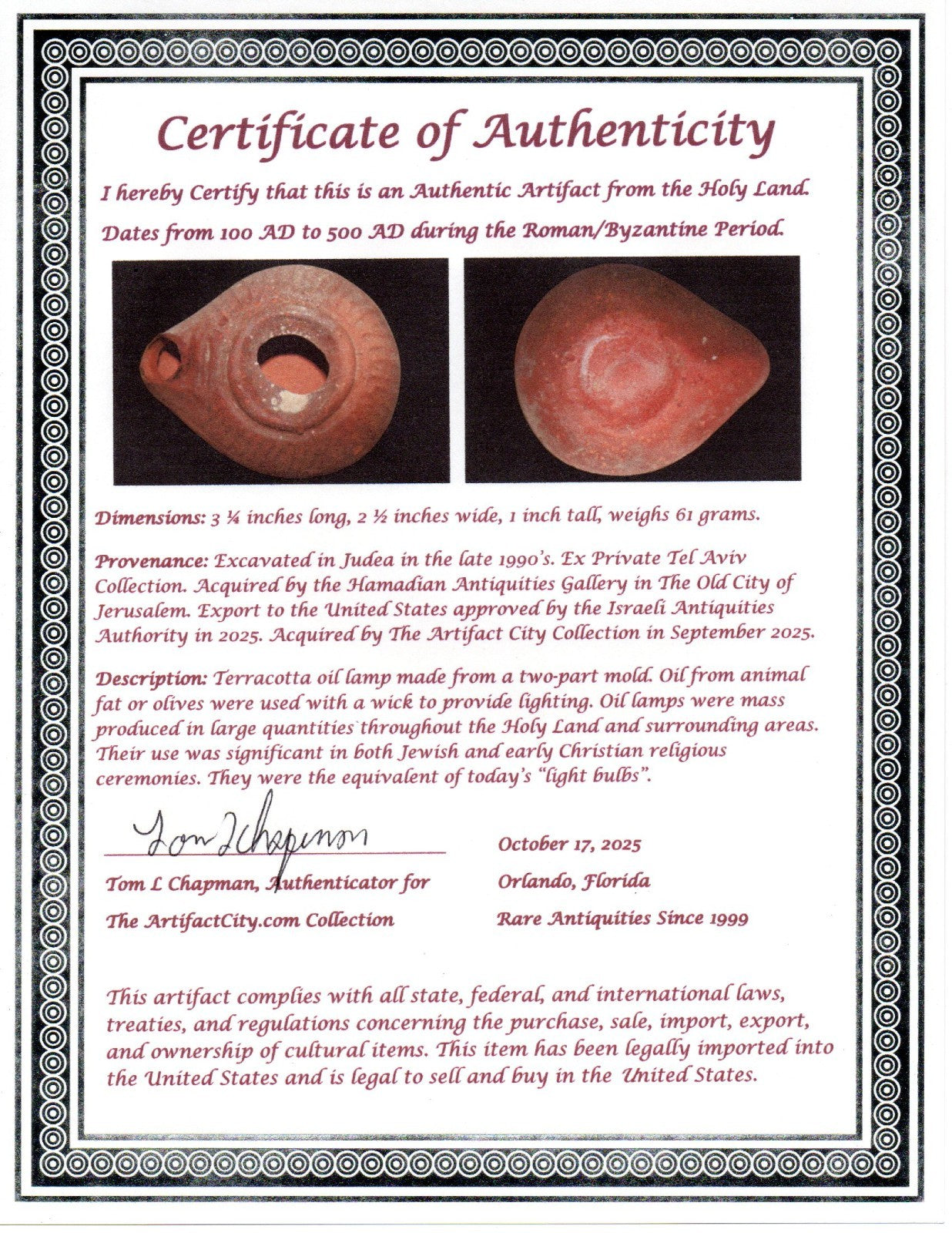 Ancient Holy Land Oil Lamp Artifact From Jesus Christ Home Land 100-500AD COA 58