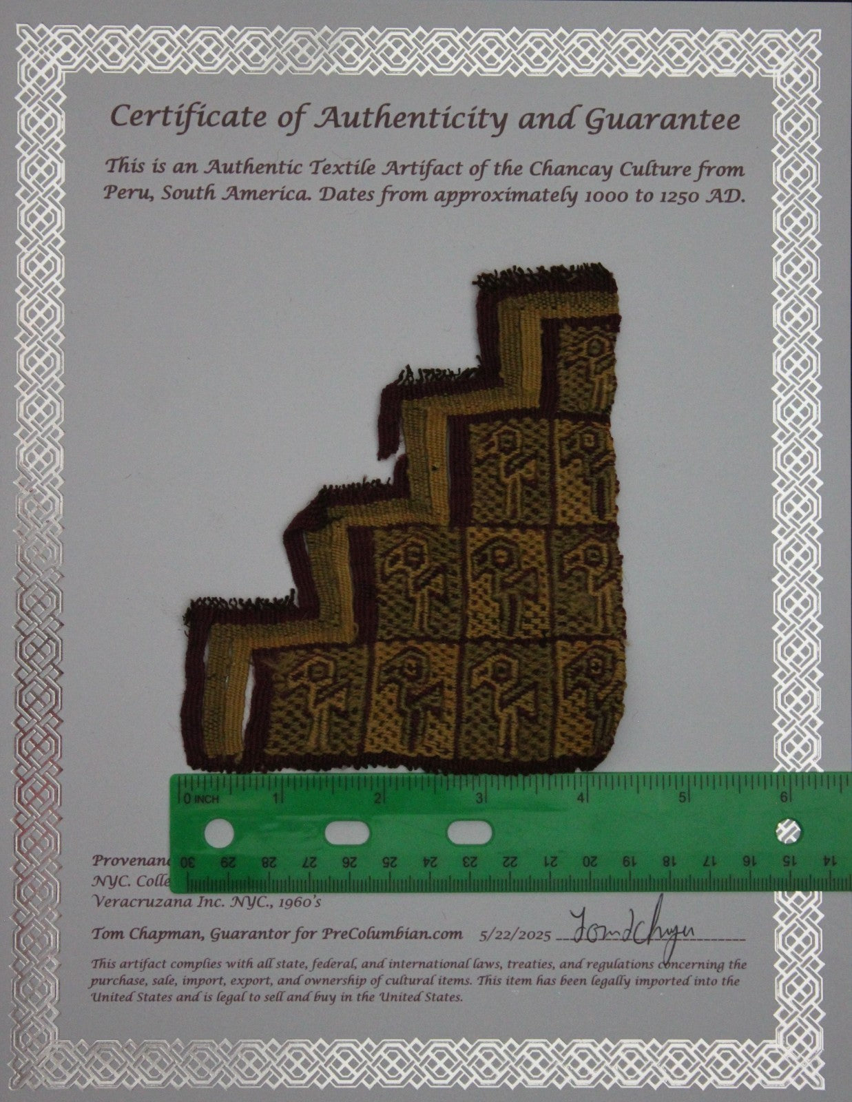Pre Columbian Artifact Authentict Frameable Textile Border Chancay Peru COA 12