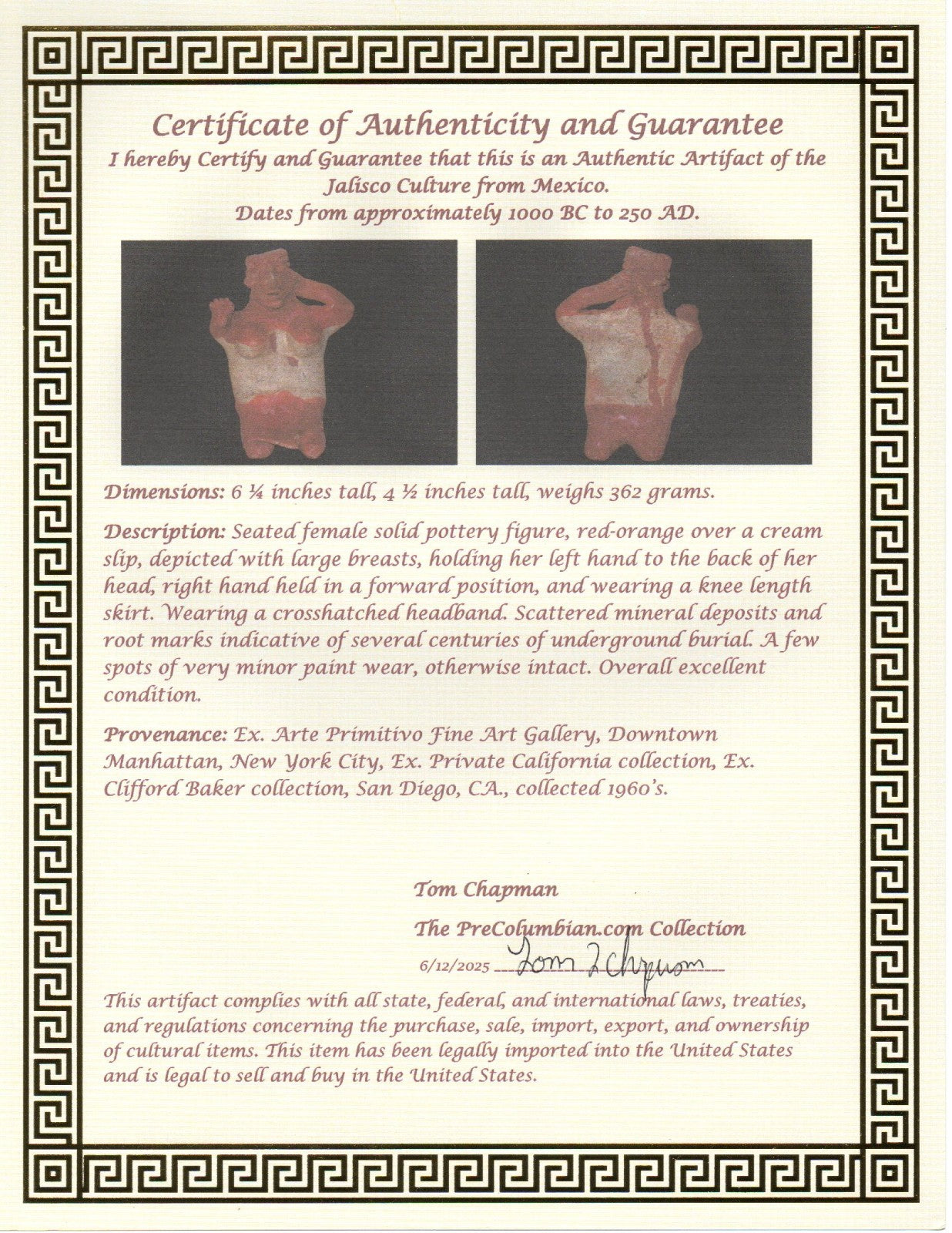 Pre Columbian Genuine Artifact Female Jalisco Figure Mexico 250BC-1000AD COA 209