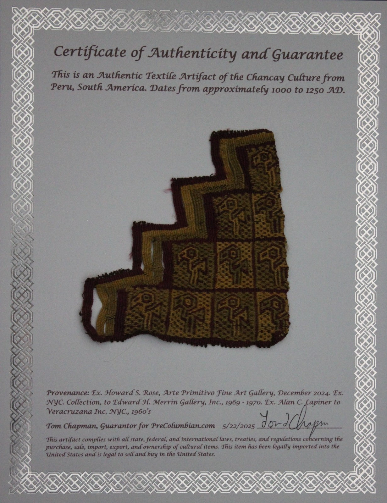 Pre Columbian Artifact Authentic Frameable Textile Border Chancay Peru COA 25