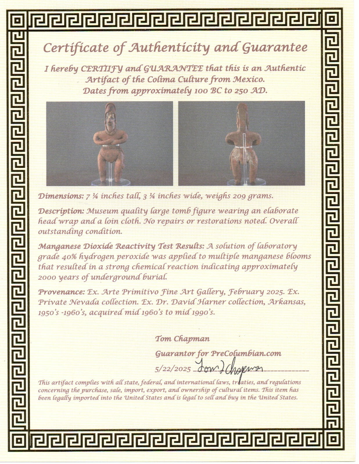 Pre Columbian Authentic Artifact Tomb Figure Colima Mexico 100 BC-250 AD COA 160