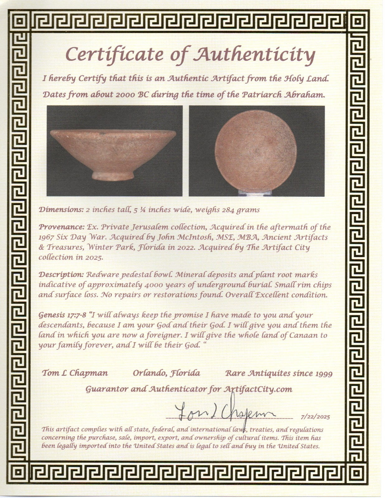 Holy Land Artifact Authentic 4000 Year Old Bowl Time of Abraham 2000 BC COA J125