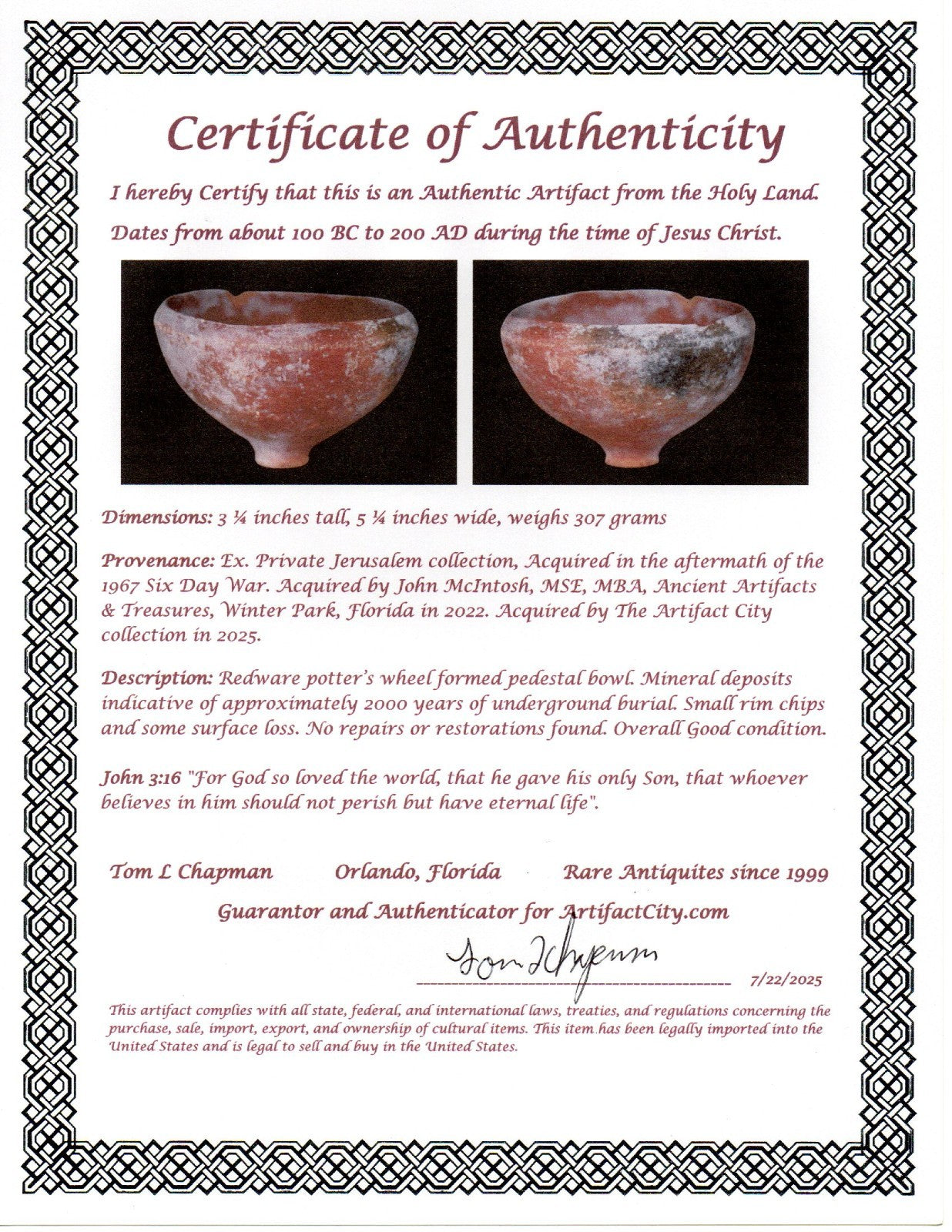 Ancient Holy Land Bowl Artifact From Time of Jesus Christ 100BC-200AD COA J135