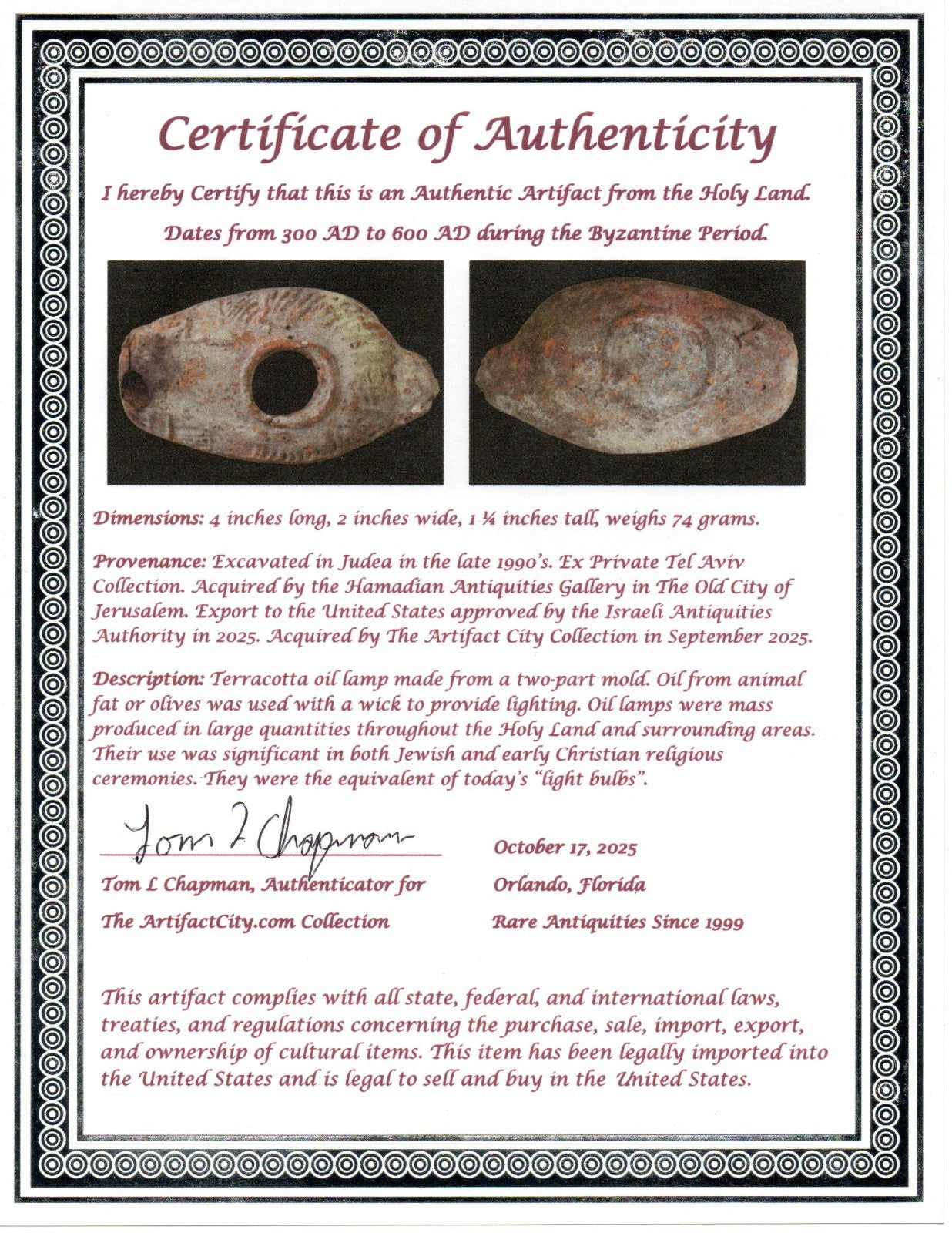 Oil Lamp Holy Land Ancient Artifact Jesus Christ Home Israel 300-600 AD COA 115