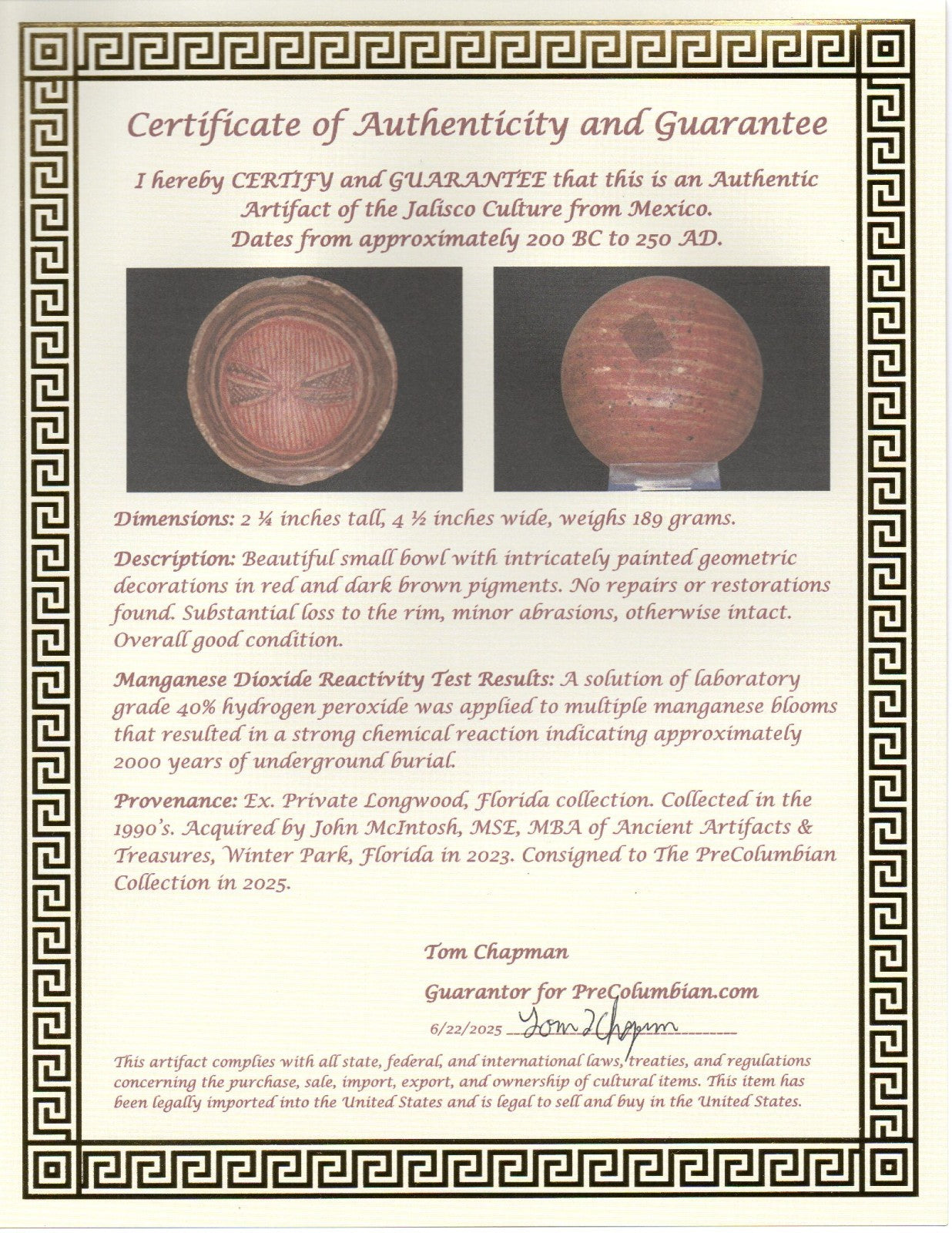 Pre Columbian Authentic Artifact Jalisco Small Bowl Mexico 200BC - 200AD COA J43