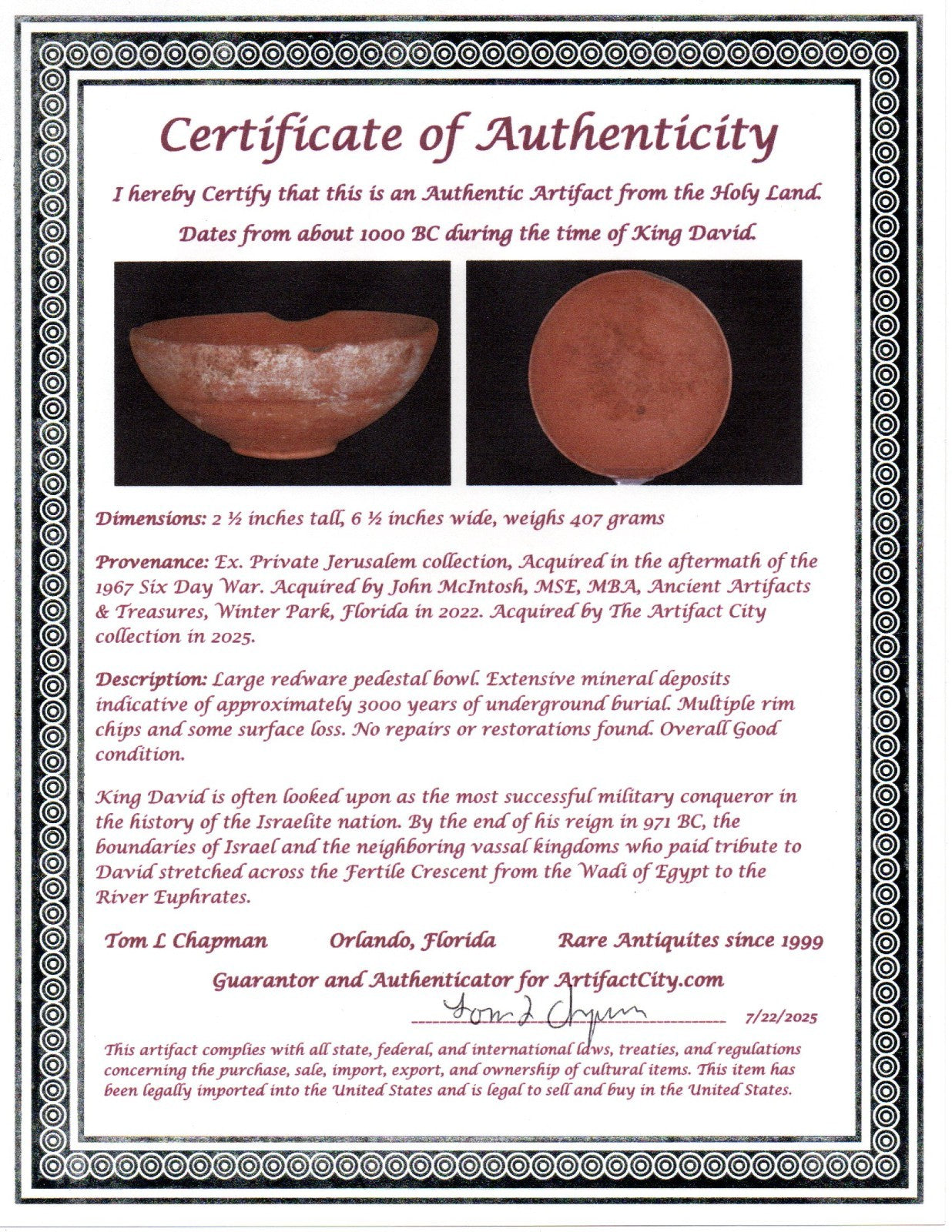 Ancient Holy Land Artifact 3000 Year Old Bowl King David Era 1000 BC COA J140