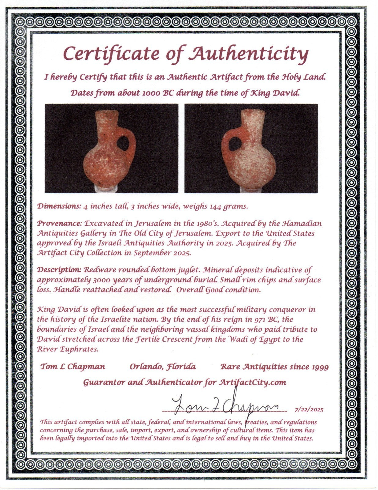 Ancient Holy Land Artifact King David Jug Land of Jesus Christ 1000 BC COA 10