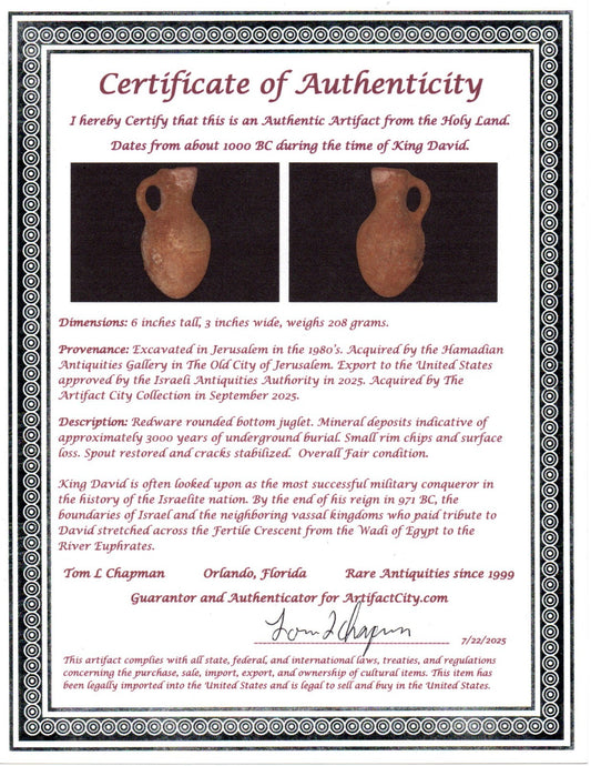 Ancient Holy Land Artifact King David Era Jug Land of Jesus Christ 1000 BC COA 8