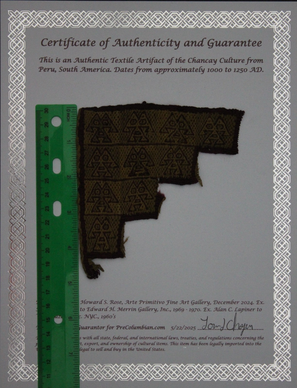 Authentic Pre Columbian Artifact Frameable Textile Border Chancay Peru COA 11