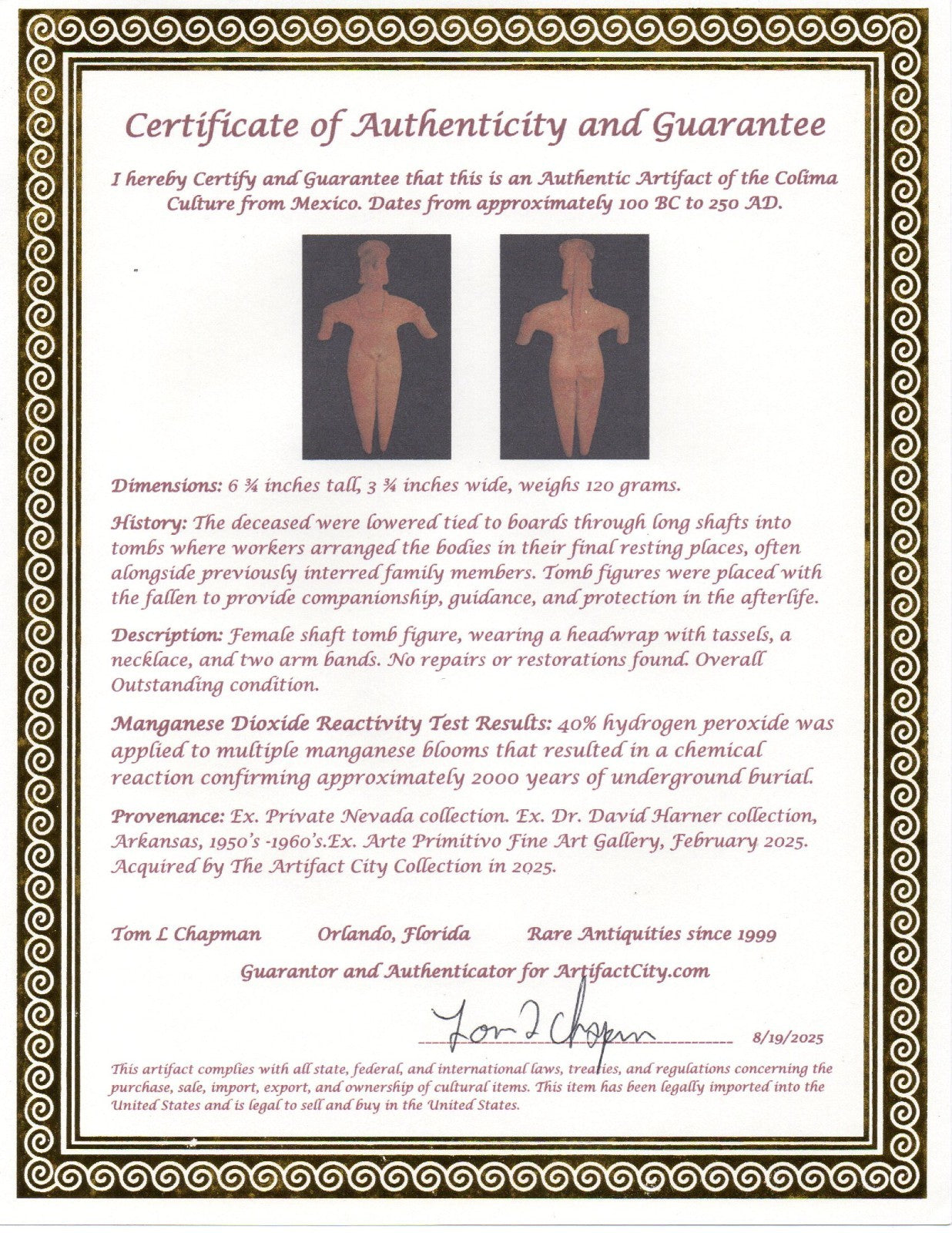 Pre Columbian Artifact 6 in Female Shaft Tomb Figure Colima Mexico 100BC COA 269