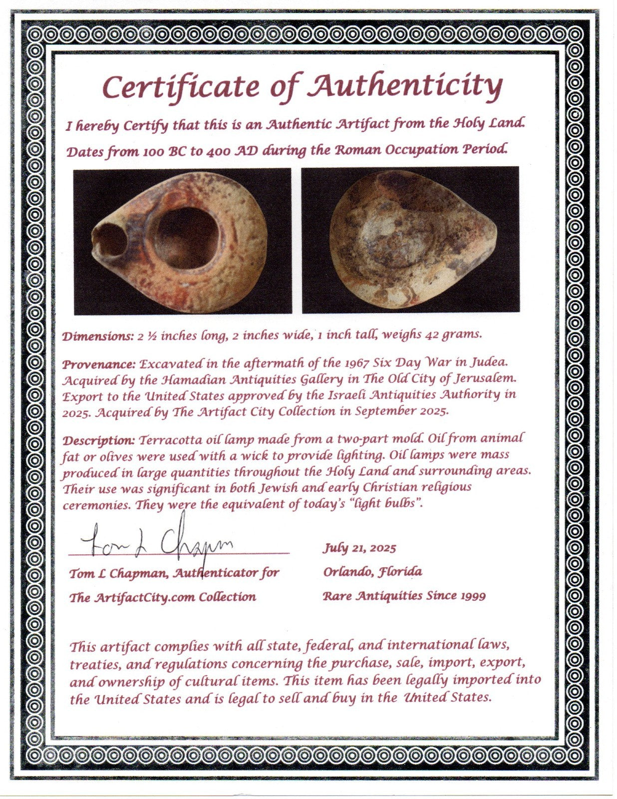 Ancient Holy Land Oil Lamp Artifact Jesus Christ Homeland 100BC-400AD COA 14