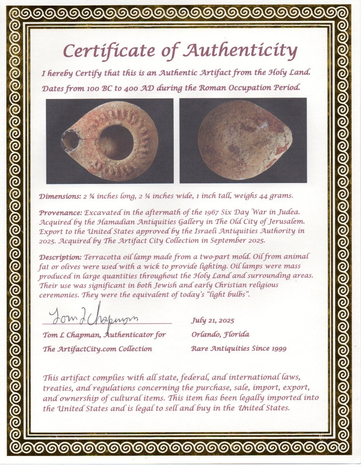 Ancient Holy Land Oil Lamp Artifact Jesus Christ Homeland 100BC-400AD COA 24